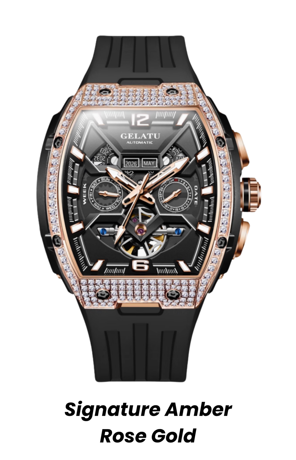 Gelatu 2025 Signature Series – Men's Large Dial Mechanical Watch with Luminous Accents & Diamond Detailing