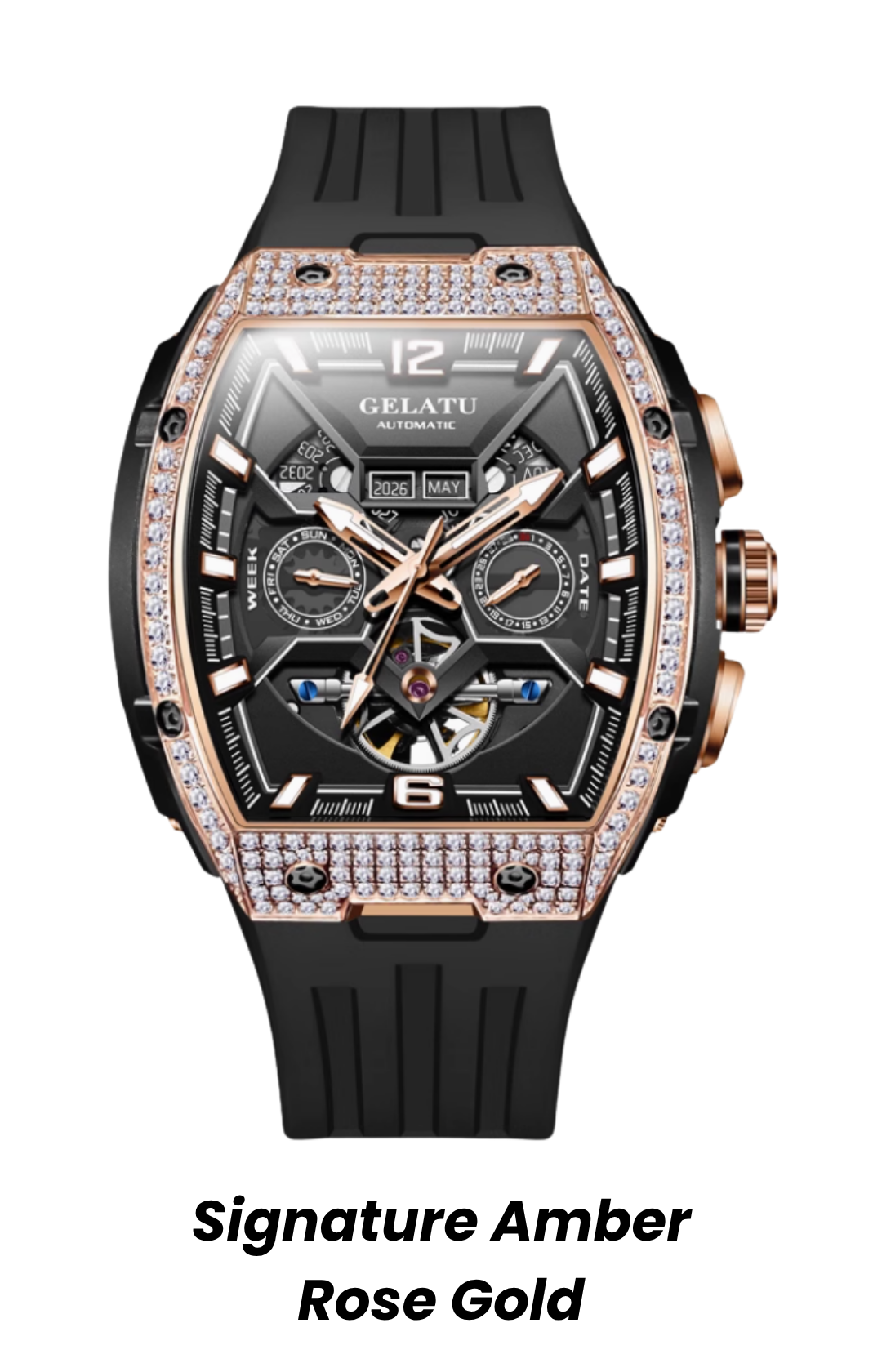 Gelatu 2025 Signature Series – Men's Large Dial Mechanical Watch with Luminous Accents & Diamond Detailing