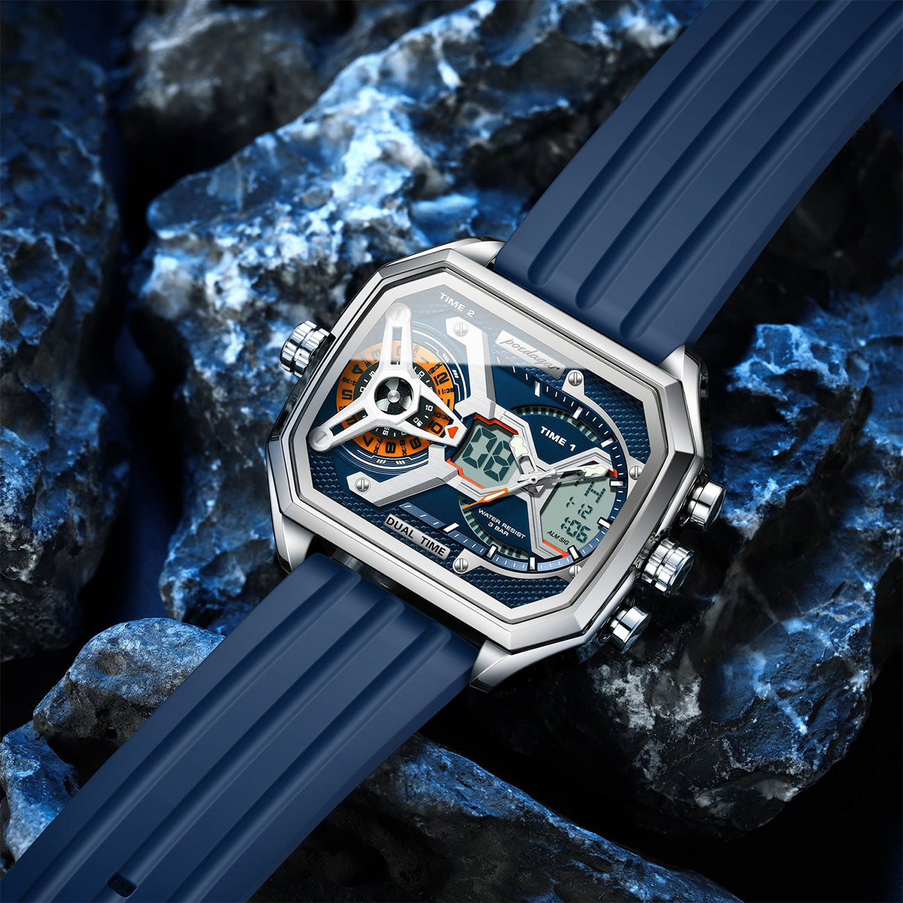 LumiLED - Rectangular Men’s Quartz Watch – Silicone Strap, LED Calendar & Week Display with Luminous Backlight