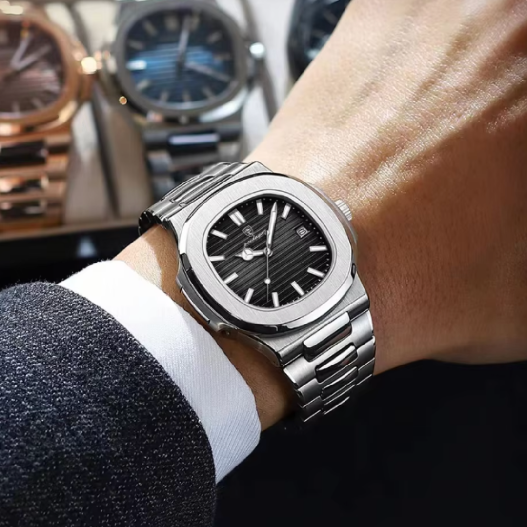 Horizon Classic – Men's Square Luxury Quartz Watch – Stainless Steel, Luminous Display, Date Feature, Waterproof Design