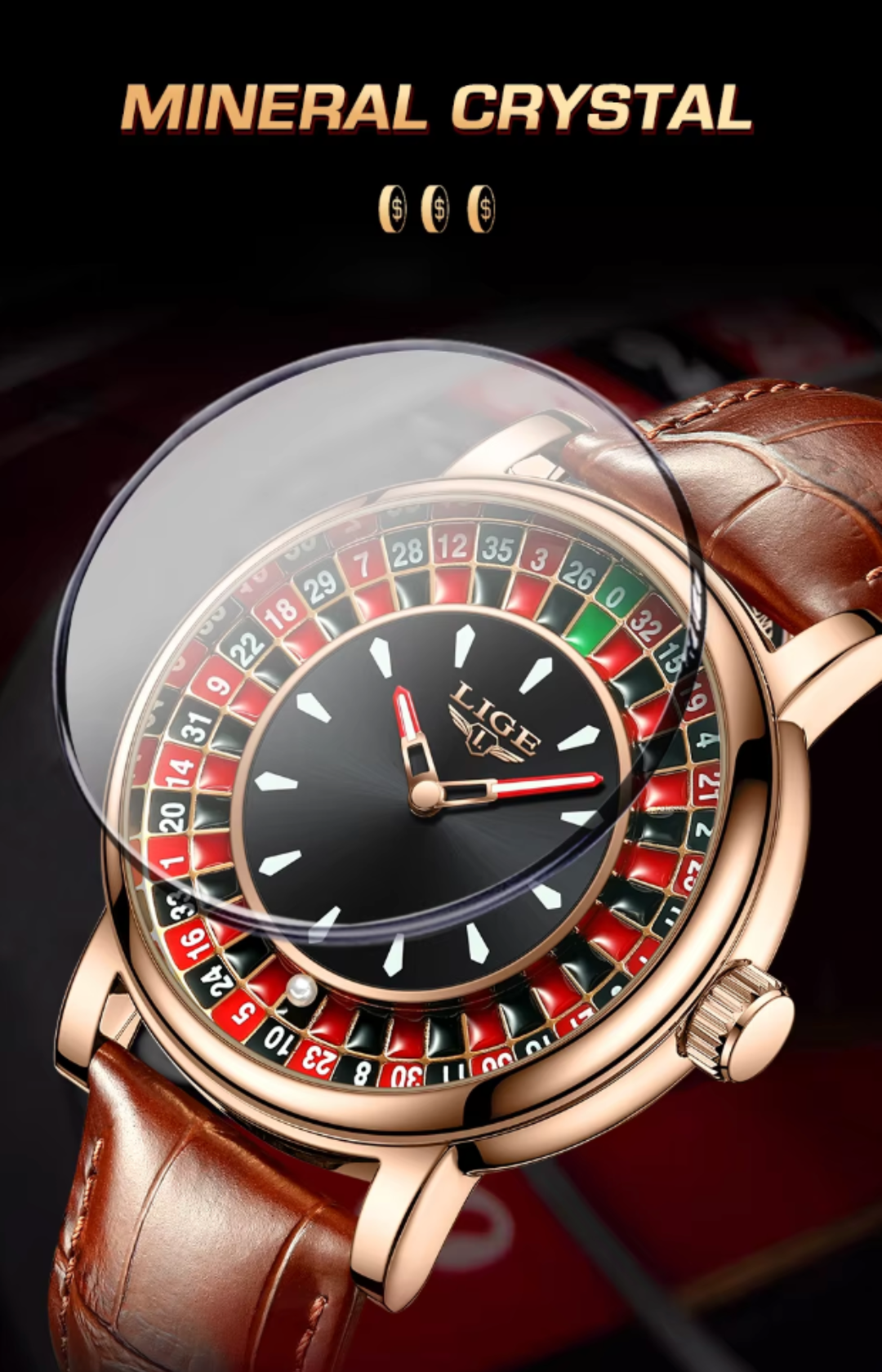 Voyager Roulette Edition | Men’s Brown Leather Waterproof Luminous Watch