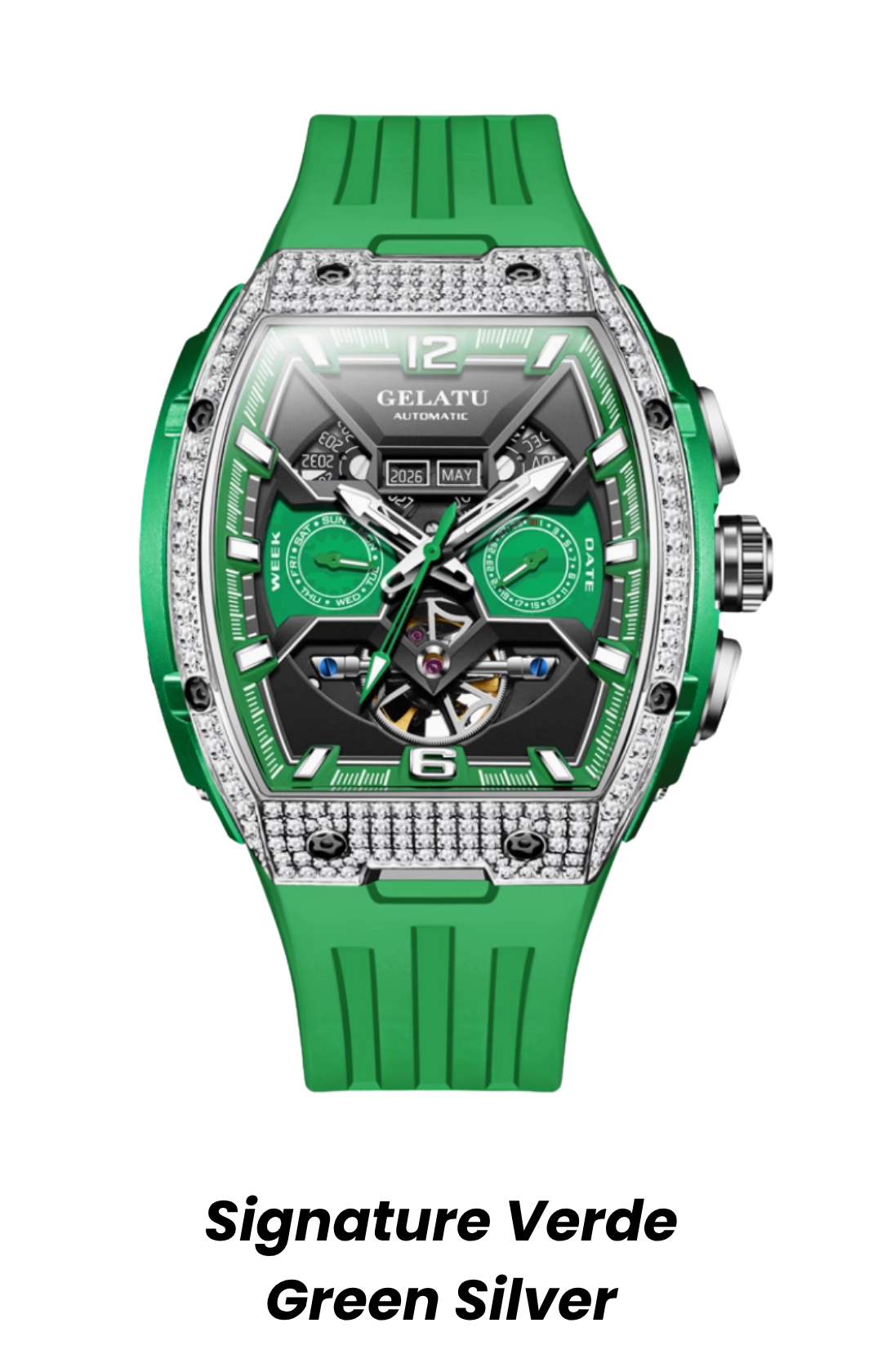 Gelatu 2025 Signature Series – Men's Large Dial Mechanical Watch with Luminous Accents & Diamond Detailing