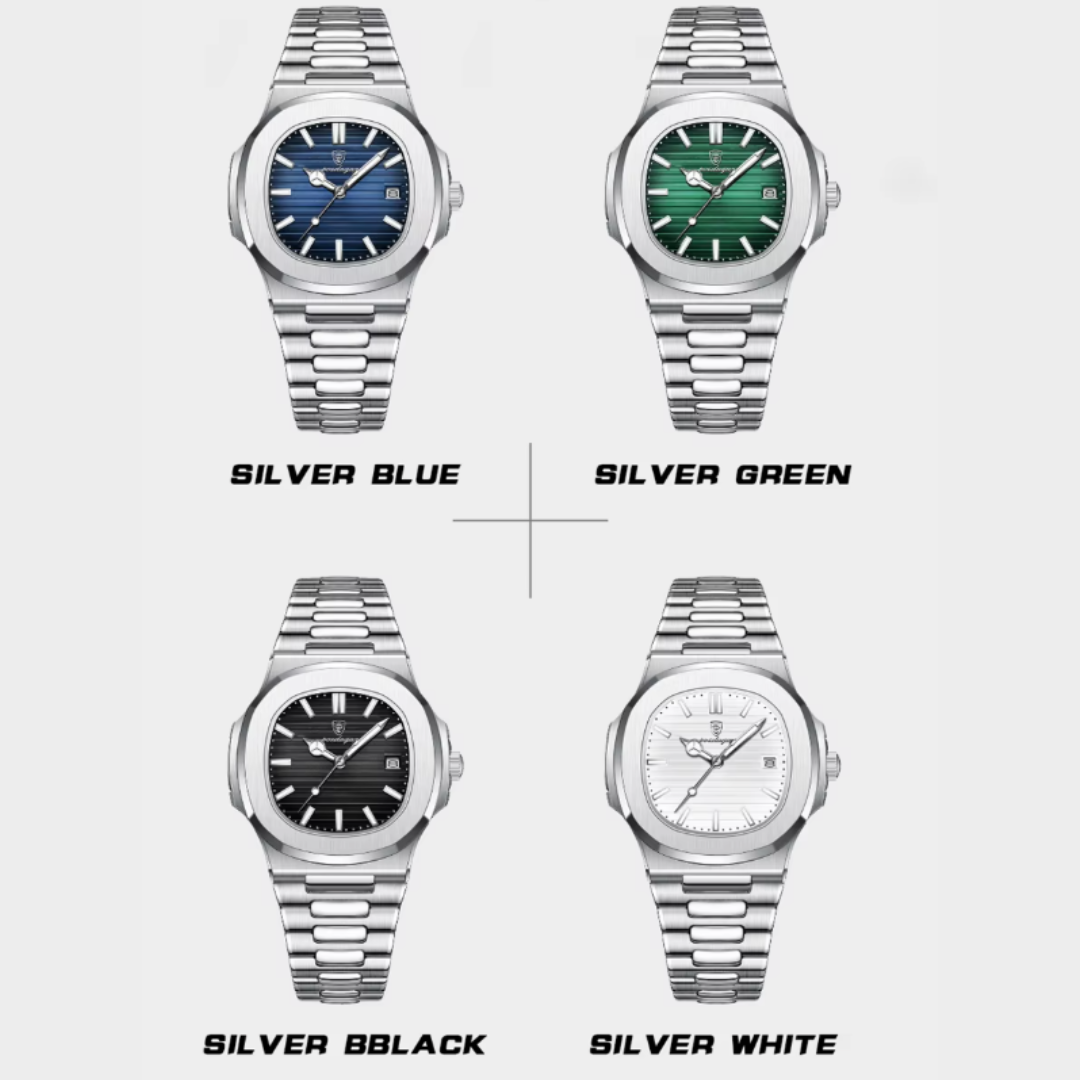 Horizon Classic – Men's Square Luxury Quartz Watch – Stainless Steel, Luminous Display, Date Feature, Waterproof Design