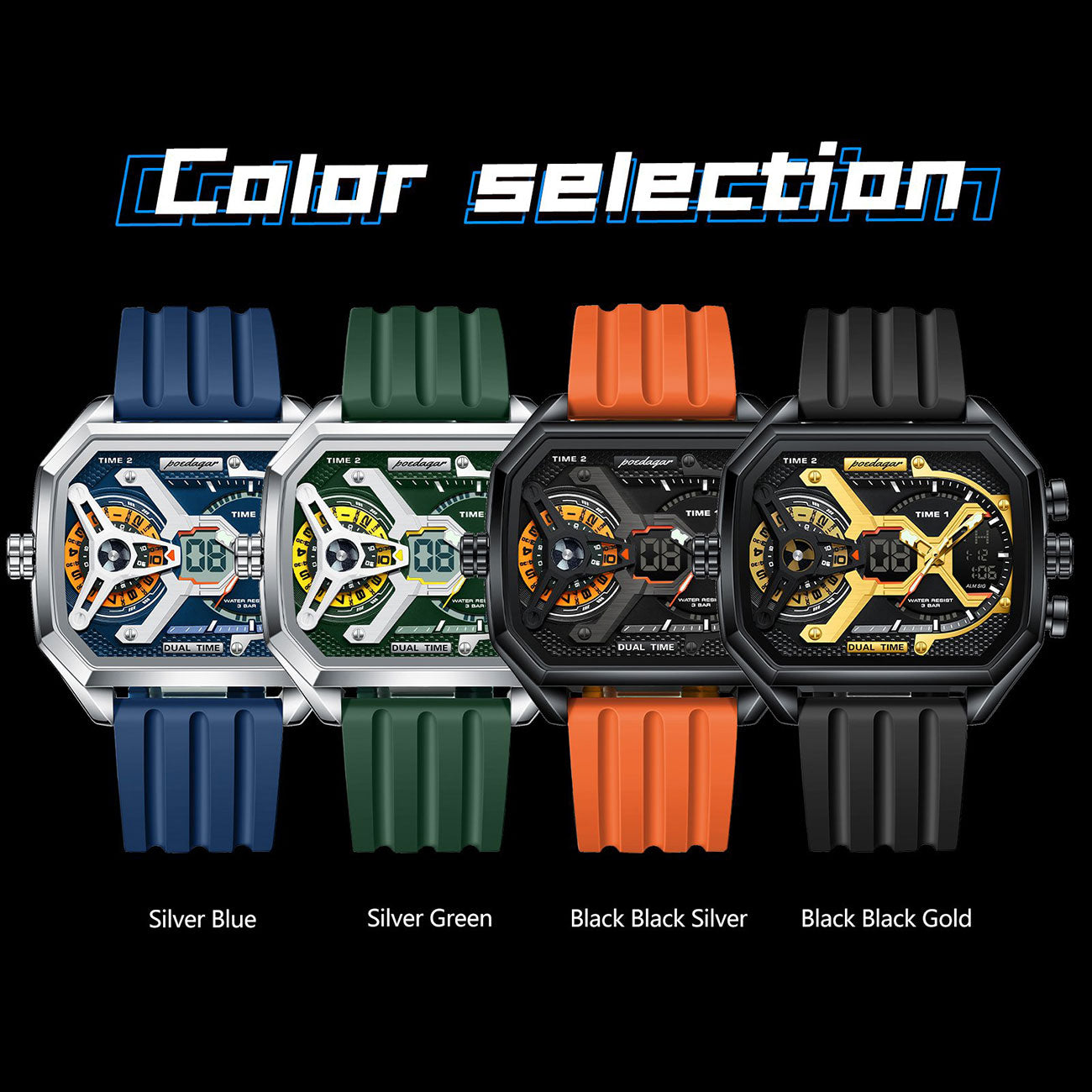 LumiLED - Rectangular Men’s Quartz Watch – Silicone Strap, LED Calendar & Week Display with Luminous Backlight