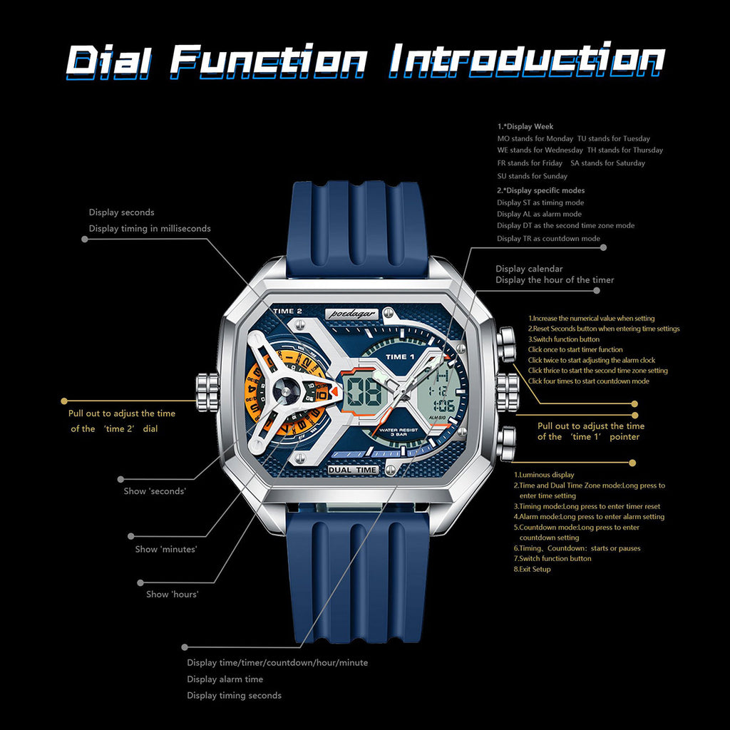 LumiLED - Rectangular Men’s Quartz Watch – Silicone Strap, LED Calendar & Week Display with Luminous Backlight