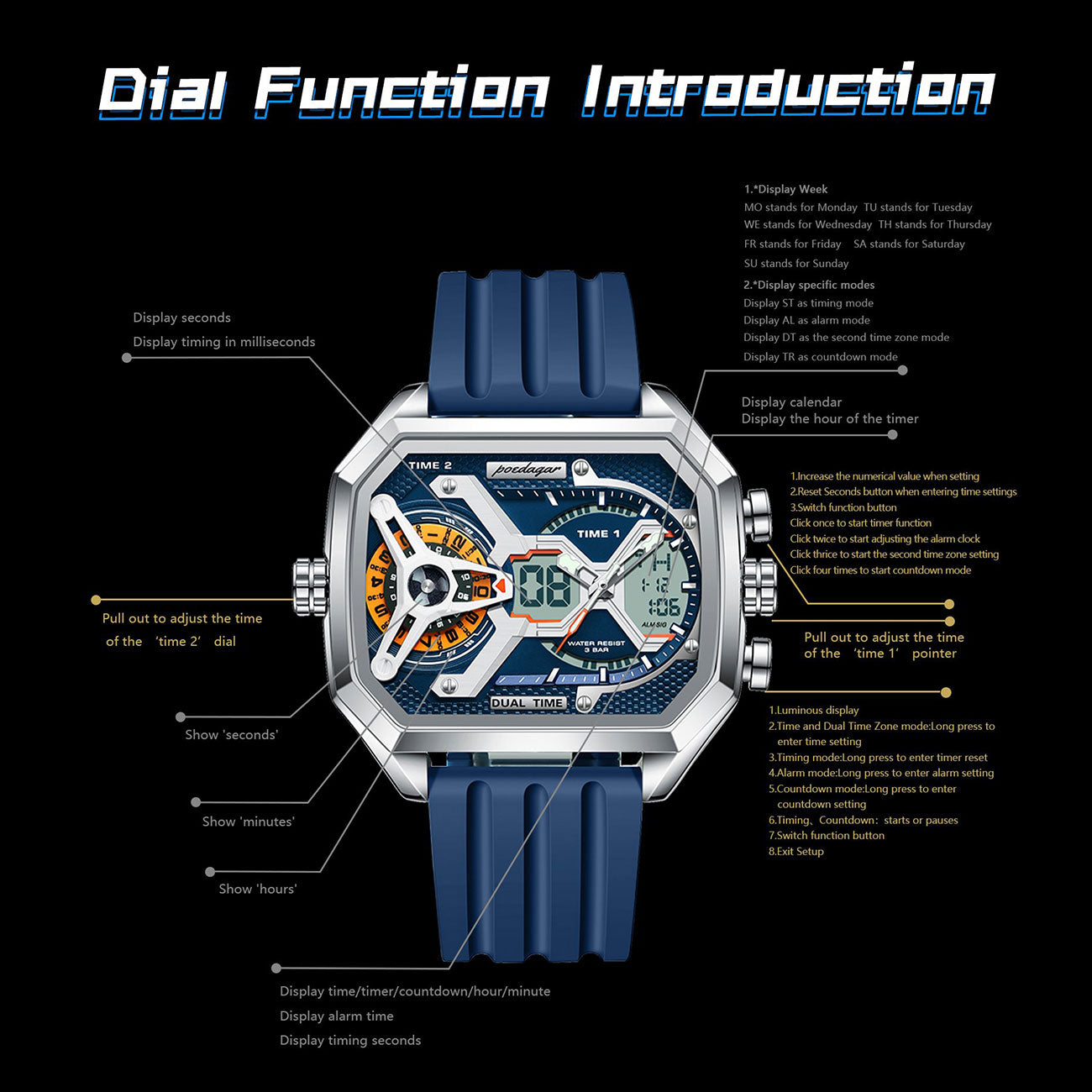 LumiLED - Rectangular Men’s Quartz Watch – Silicone Strap, LED Calendar & Week Display with Luminous Backlight