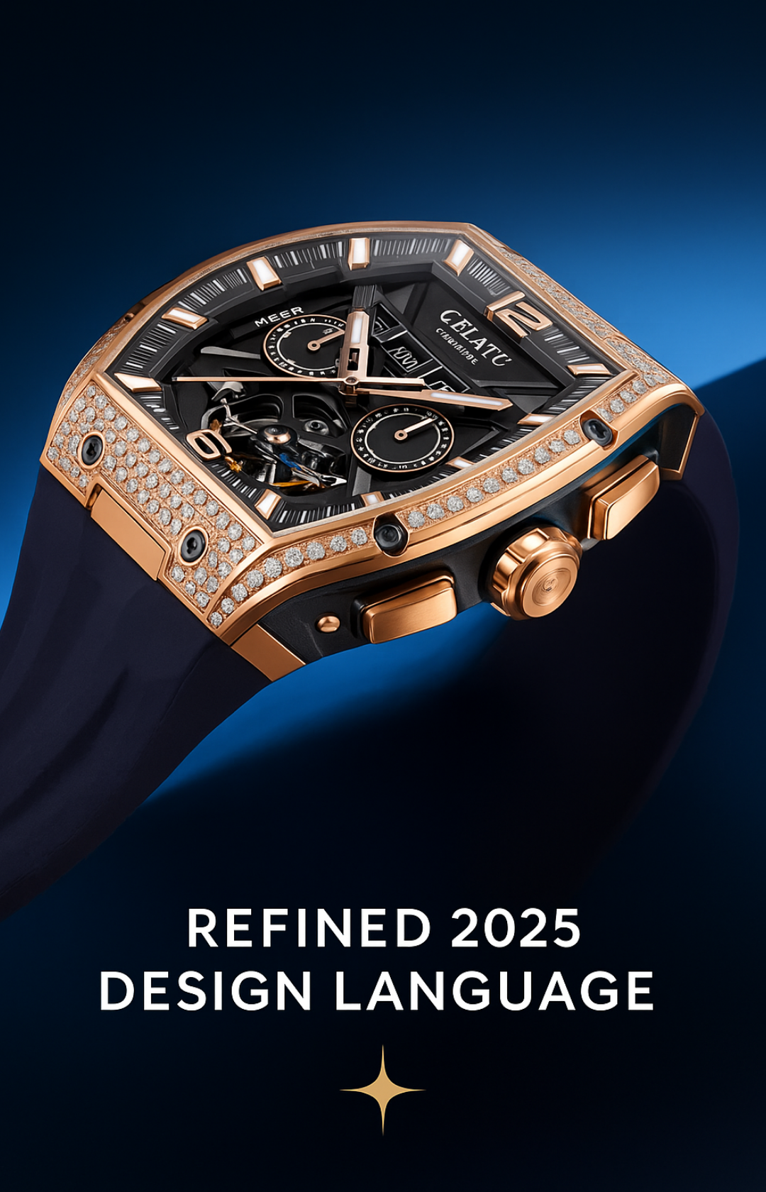 Gelatu 2025 Signature Series – Men's Large Dial Mechanical Watch with Luminous Accents & Diamond Detailing