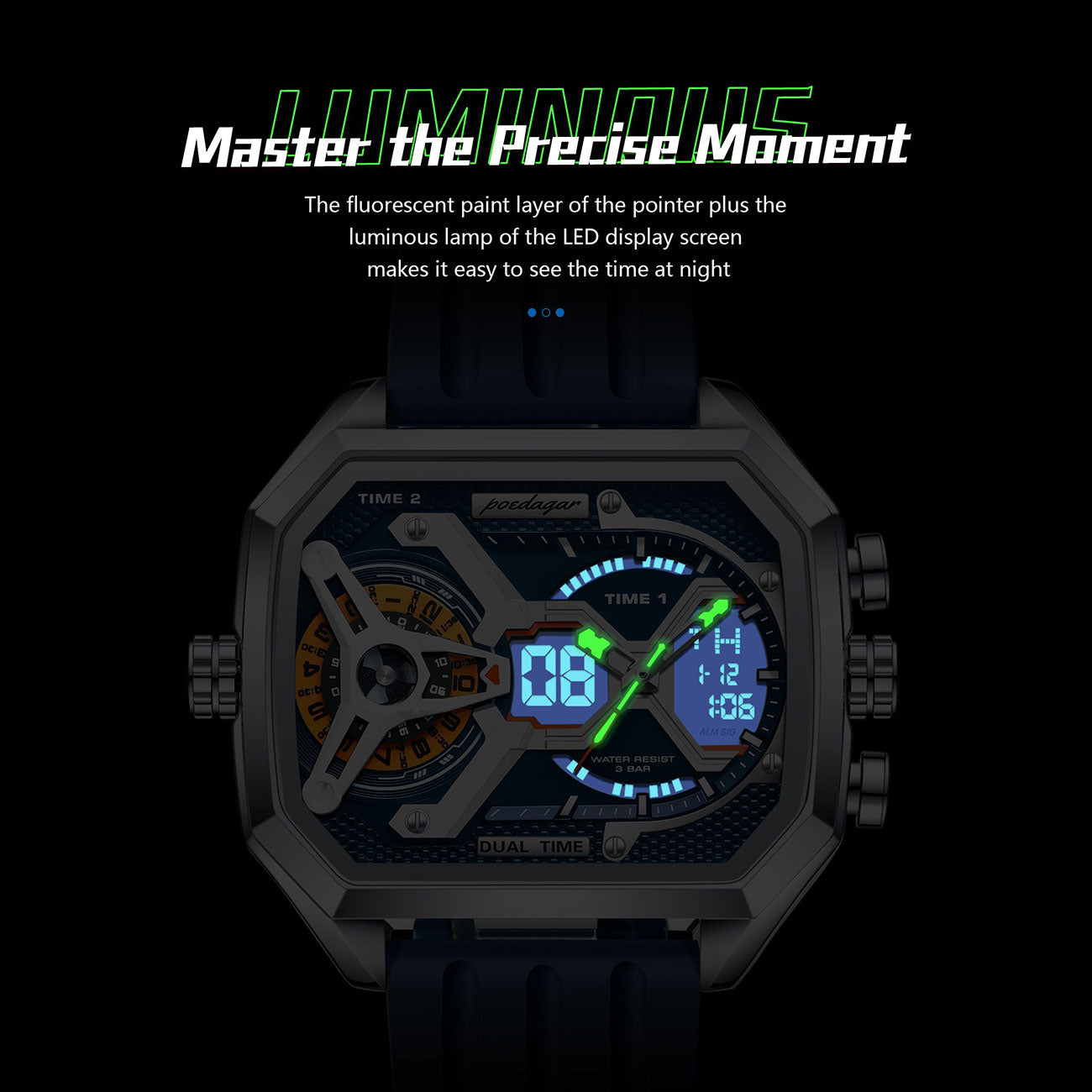 LumiLED - Rectangular Men’s Quartz Watch – Silicone Strap, LED Calendar & Week Display with Luminous Backlight