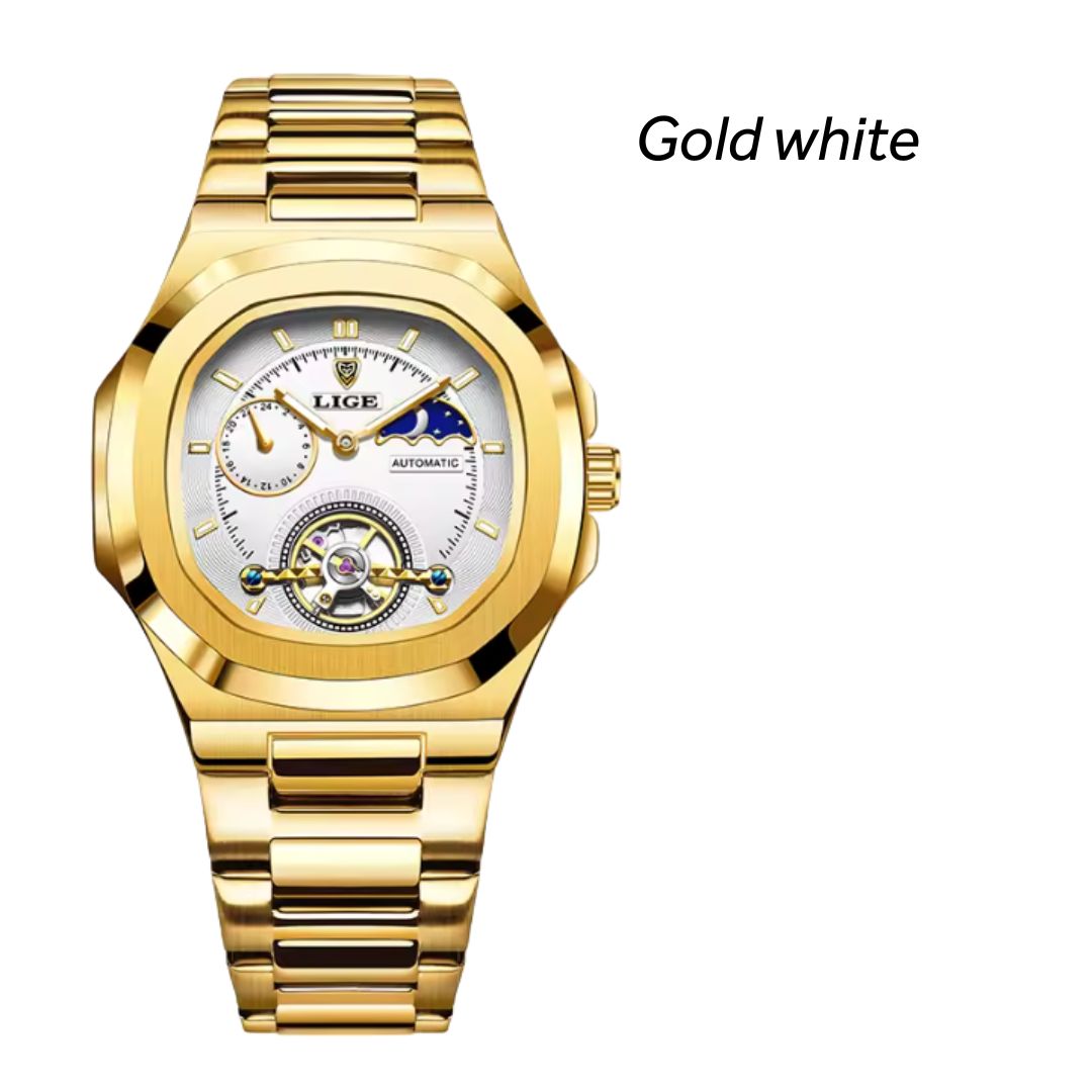 Sovereign Precision - Men's Dual-Tourbillon Mechanical Watch with 24-Hour Display, Luminous Dial & Waterproof Stainless Steel Build
