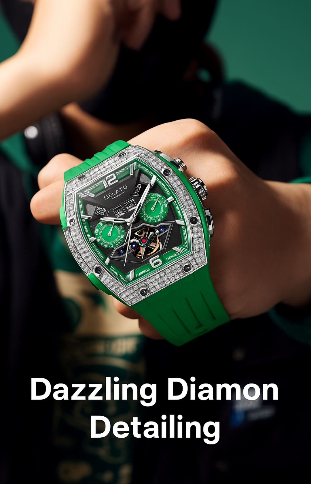 Gelatu 2025 Signature Series – Men's Large Dial Mechanical Watch with Luminous Accents & Diamond Detailing