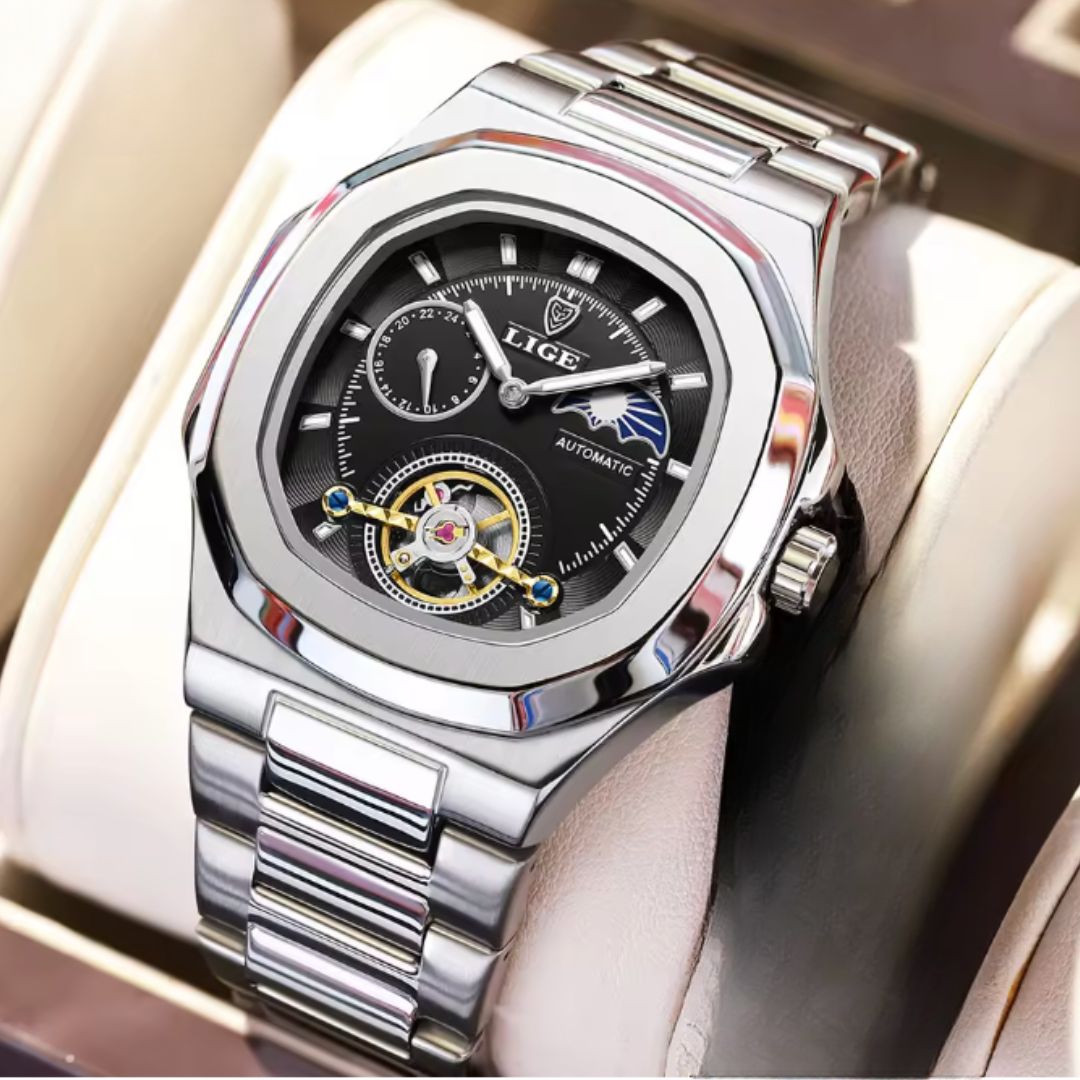 Sovereign Precision - Men's Dual-Tourbillon Mechanical Watch with 24-Hour Display, Luminous Dial & Waterproof Stainless Steel Build