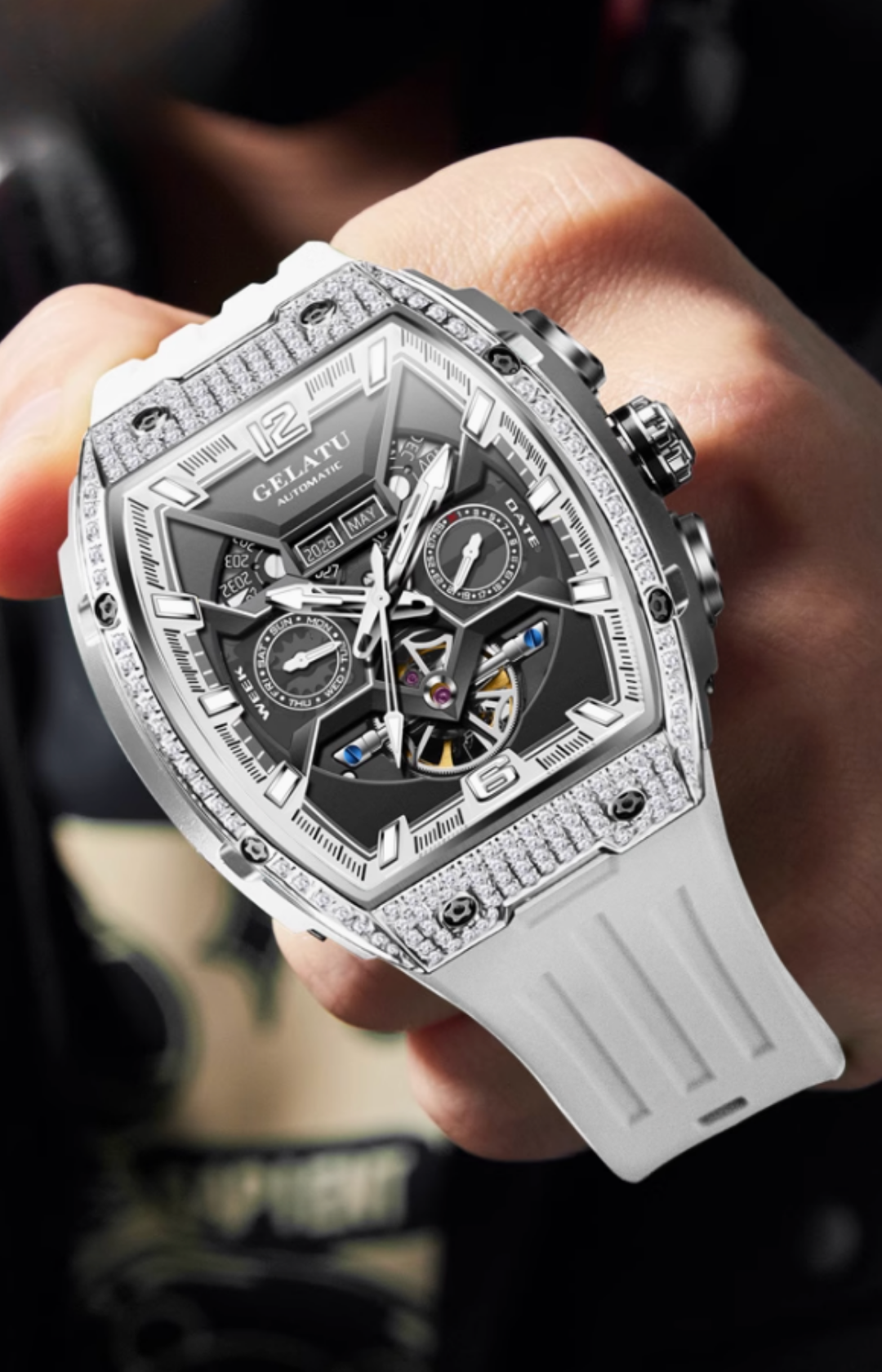 Gelatu 2025 Signature Series – Men's Large Dial Mechanical Watch with Luminous Accents & Diamond Detailing