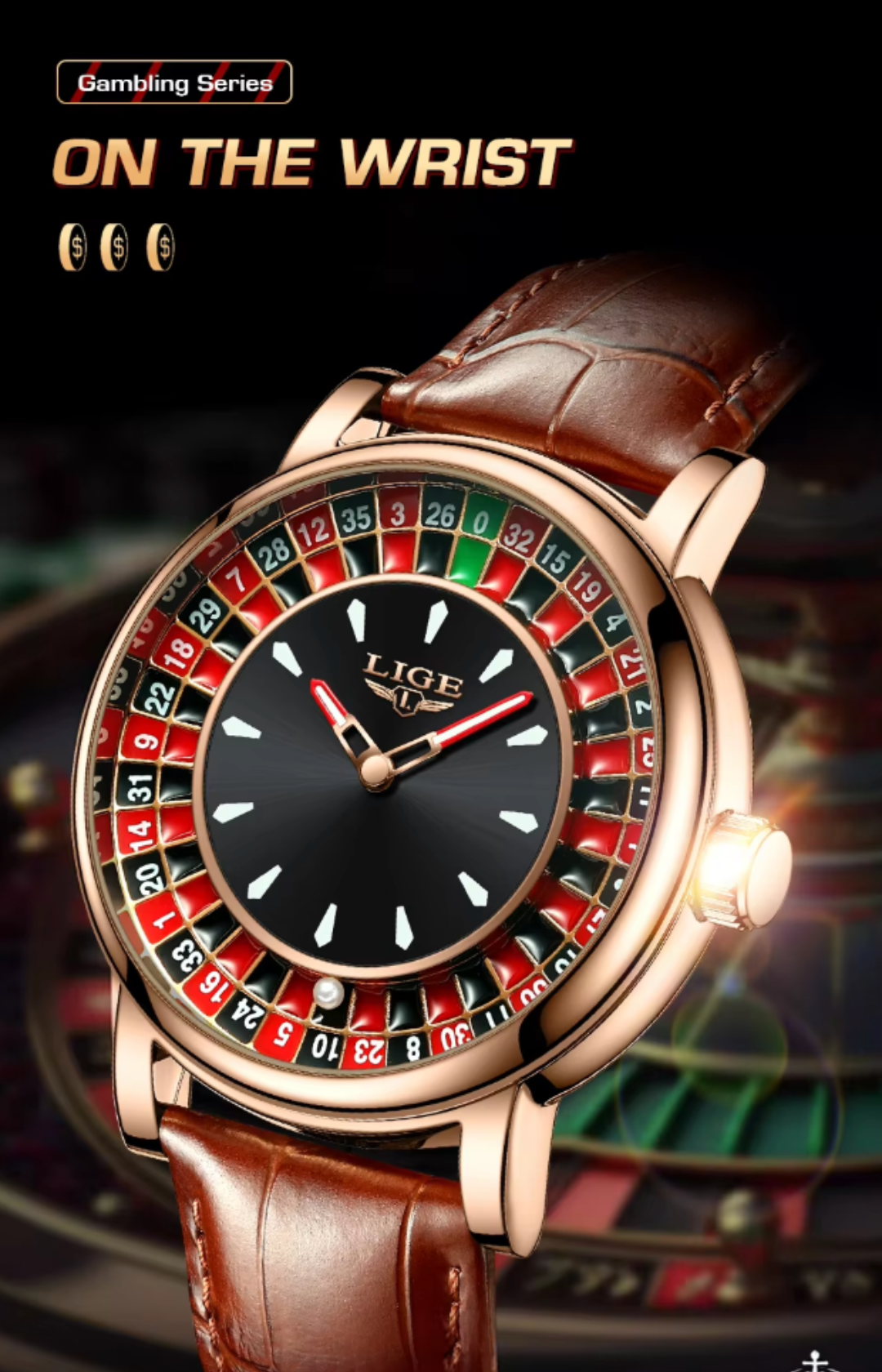 Voyager Roulette Edition | Men’s Brown Leather Waterproof Luminous Watch