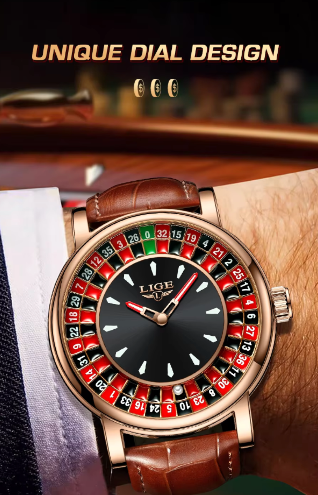Voyager Roulette Edition | Men’s Brown Leather Waterproof Luminous Watch