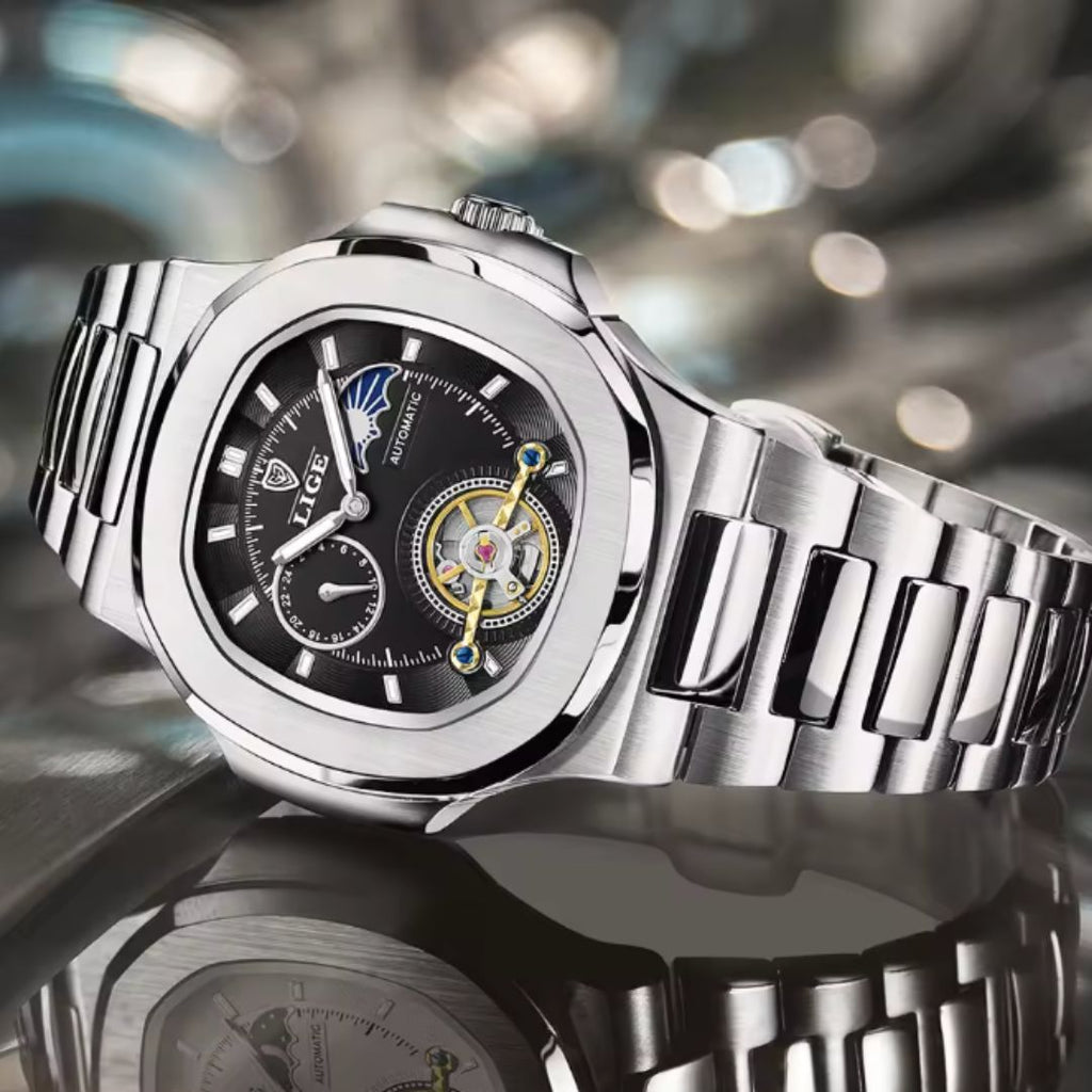 Sovereign Precision - Men's Dual-Tourbillon Mechanical Watch with 24-Hour Display, Luminous Dial & Waterproof Stainless Steel Build