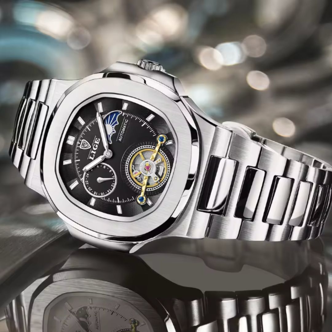 Sovereign Precision - Men's Dual-Tourbillon Mechanical Watch with 24-Hour Display, Luminous Dial & Waterproof Stainless Steel Build