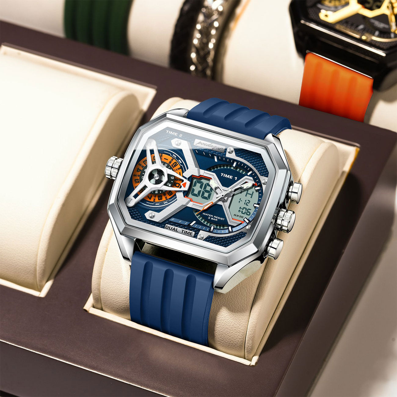 LumiLED - Rectangular Men’s Quartz Watch – Silicone Strap, LED Calendar & Week Display with Luminous Backlight