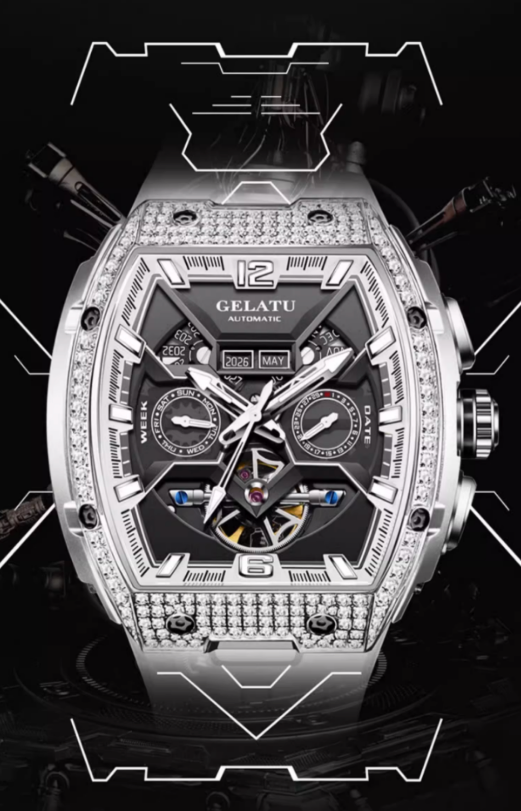 Gelatu 2025 Signature Series – Men's Large Dial Mechanical Watch with Luminous Accents & Diamond Detailing