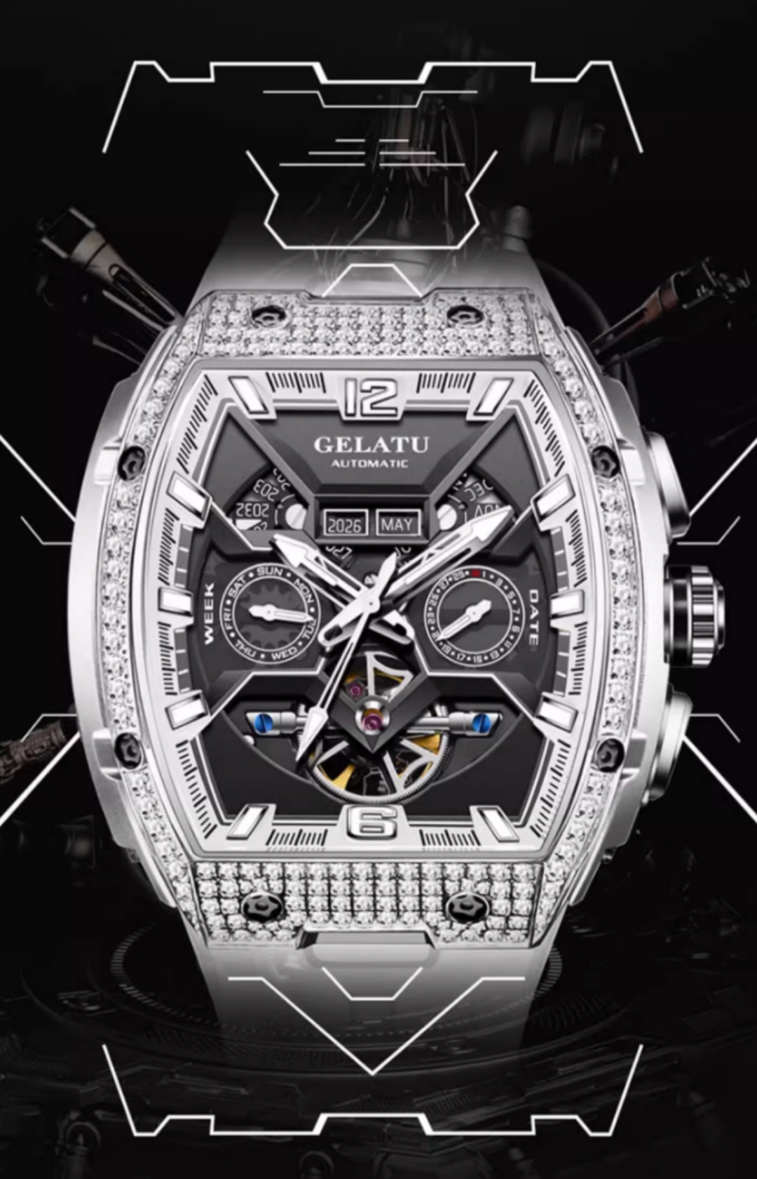 Gelatu 2025 Signature Series – Men's Large Dial Mechanical Watch with Luminous Accents & Diamond Detailing