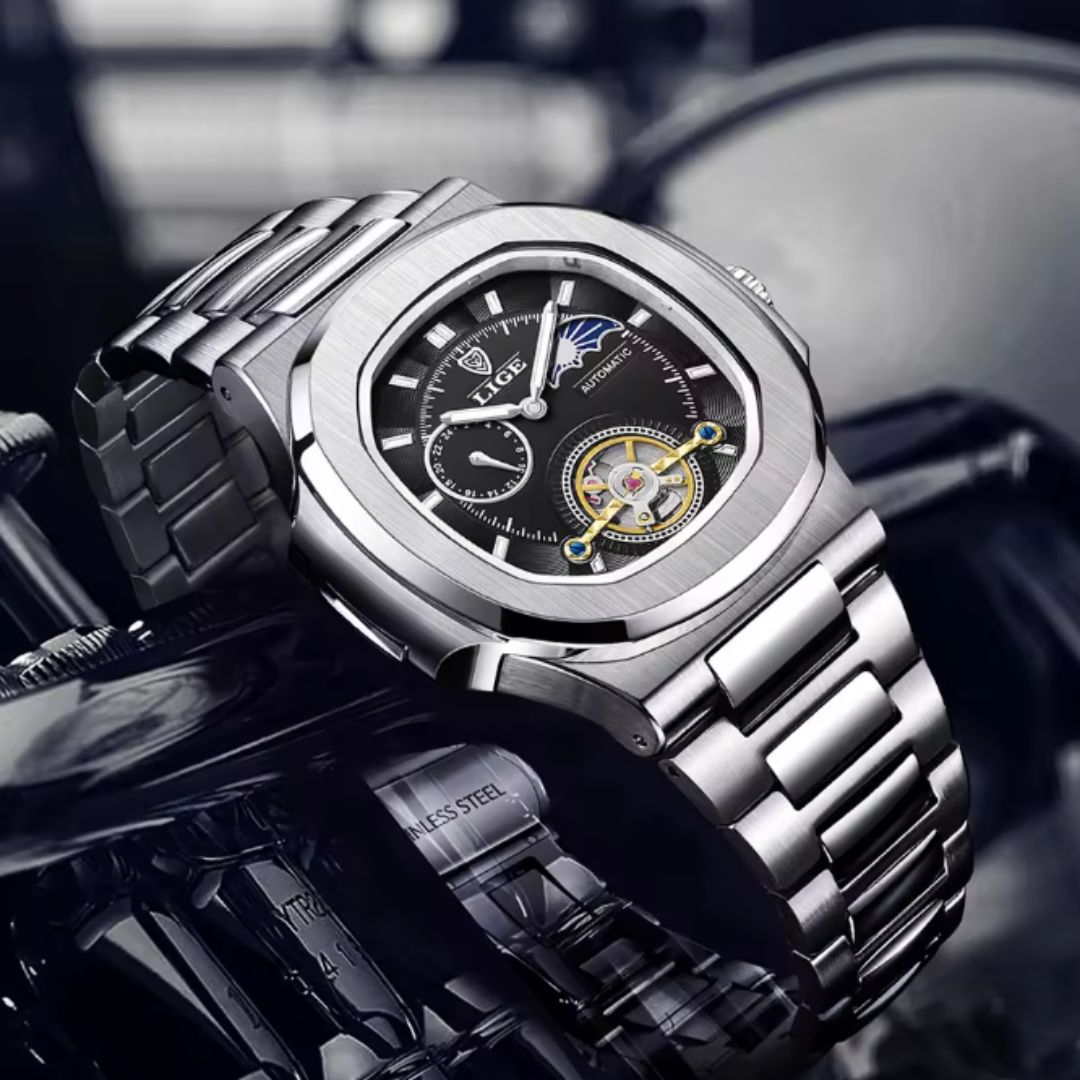 Sovereign Precision - Men's Dual-Tourbillon Mechanical Watch with 24-Hour Display, Luminous Dial & Waterproof Stainless Steel Build
