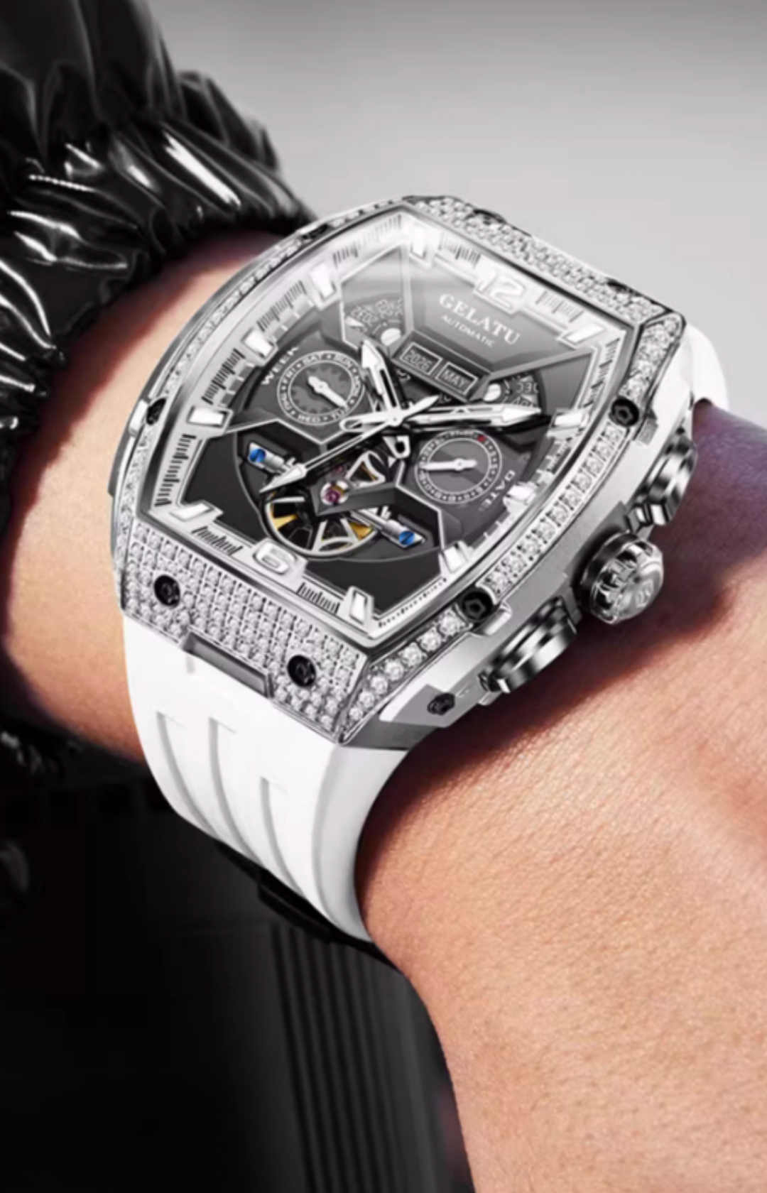 Gelatu 2025 Signature Series – Men's Large Dial Mechanical Watch with Luminous Accents & Diamond Detailing