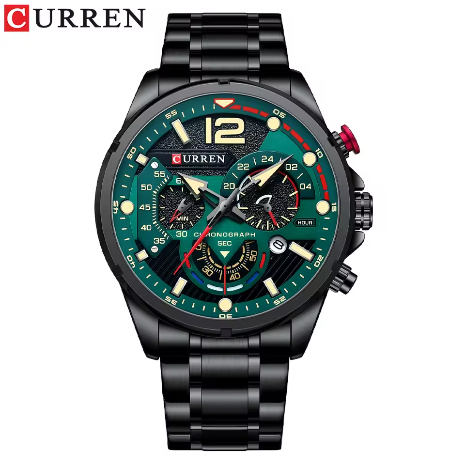 EmeraldForce - Men’s Luxury Green-Dial Stainless Steel Quartz Sport Watch – Waterproof with Date Display