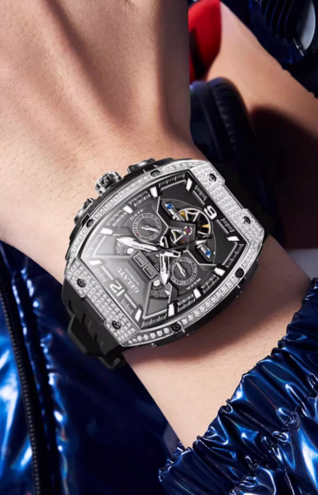 Gelatu 2025 Signature Series – Men's Large Dial Mechanical Watch with Luminous Accents & Diamond Detailing