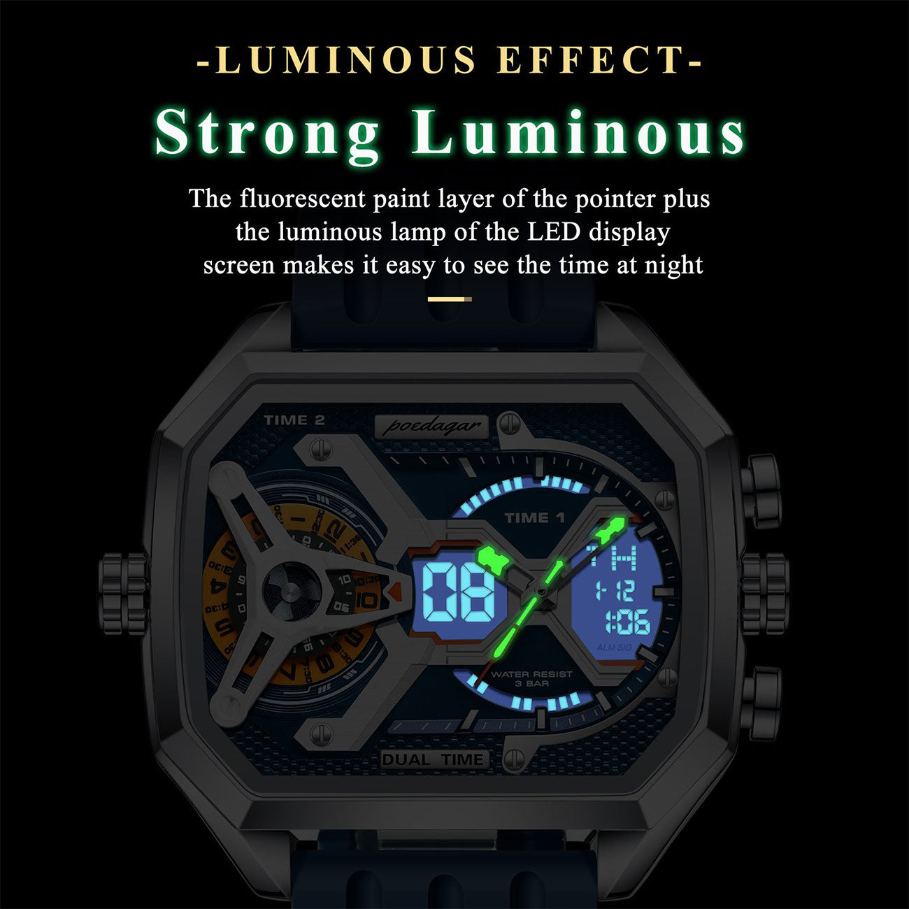 LumiLED - Rectangular Men’s Quartz Watch – Silicone Strap, LED Calendar & Week Display with Luminous Backlight