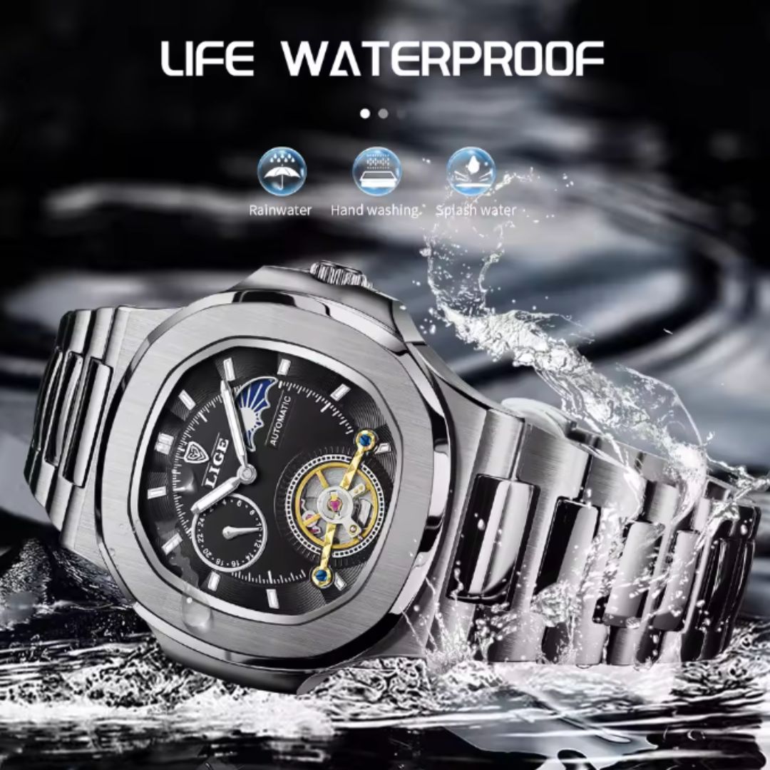Sovereign Precision - Men's Dual-Tourbillon Mechanical Watch with 24-Hour Display, Luminous Dial & Waterproof Stainless Steel Build