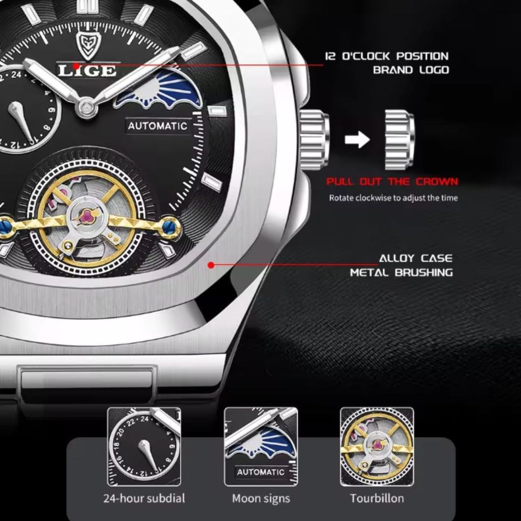 Sovereign Precision - Men's Dual-Tourbillon Mechanical Watch with 24-Hour Display, Luminous Dial & Waterproof Stainless Steel Build