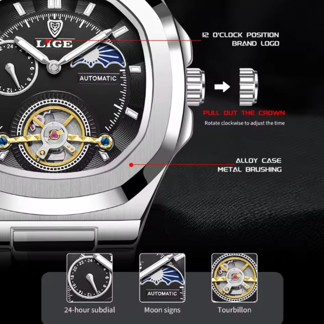 Sovereign Precision - Men's Dual-Tourbillon Mechanical Watch with 24-Hour Display, Luminous Dial & Waterproof Stainless Steel Build