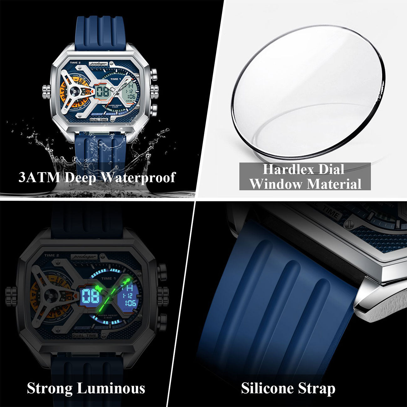 LumiLED - Rectangular Men’s Quartz Watch – Silicone Strap, LED Calendar & Week Display with Luminous Backlight