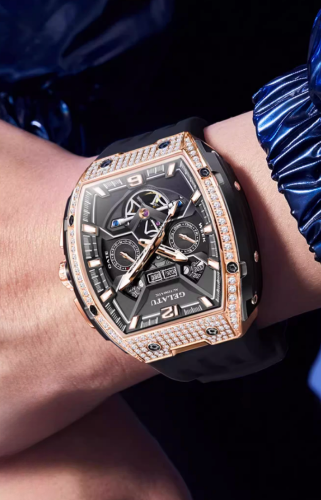 Gelatu 2025 Signature Series – Men's Large Dial Mechanical Watch with Luminous Accents & Diamond Detailing