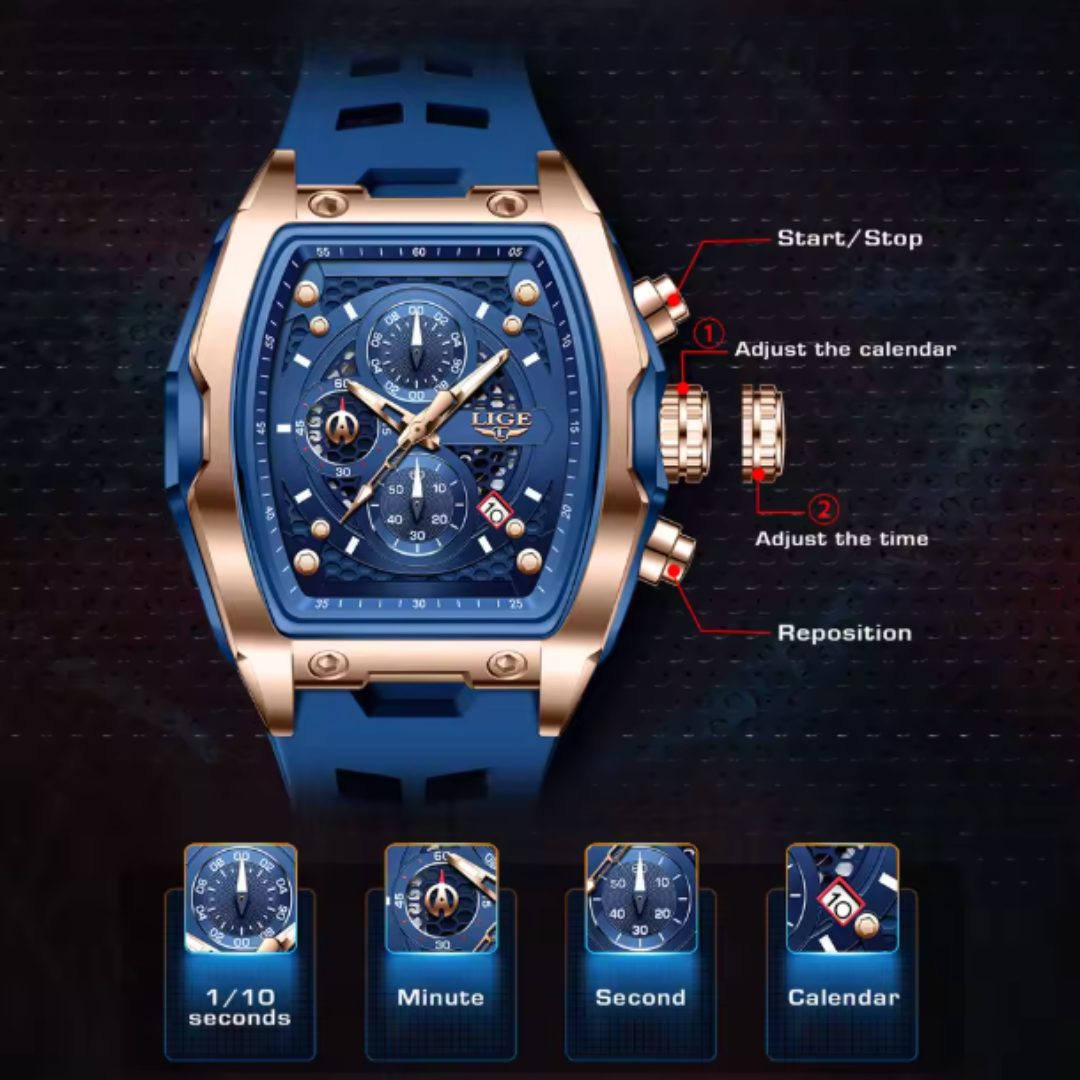 AquaPulse - LIGE Men’s Luxury Silicone Chronograph – Waterproof Quartz Sports Watch with Luminous Hands & Date Display
