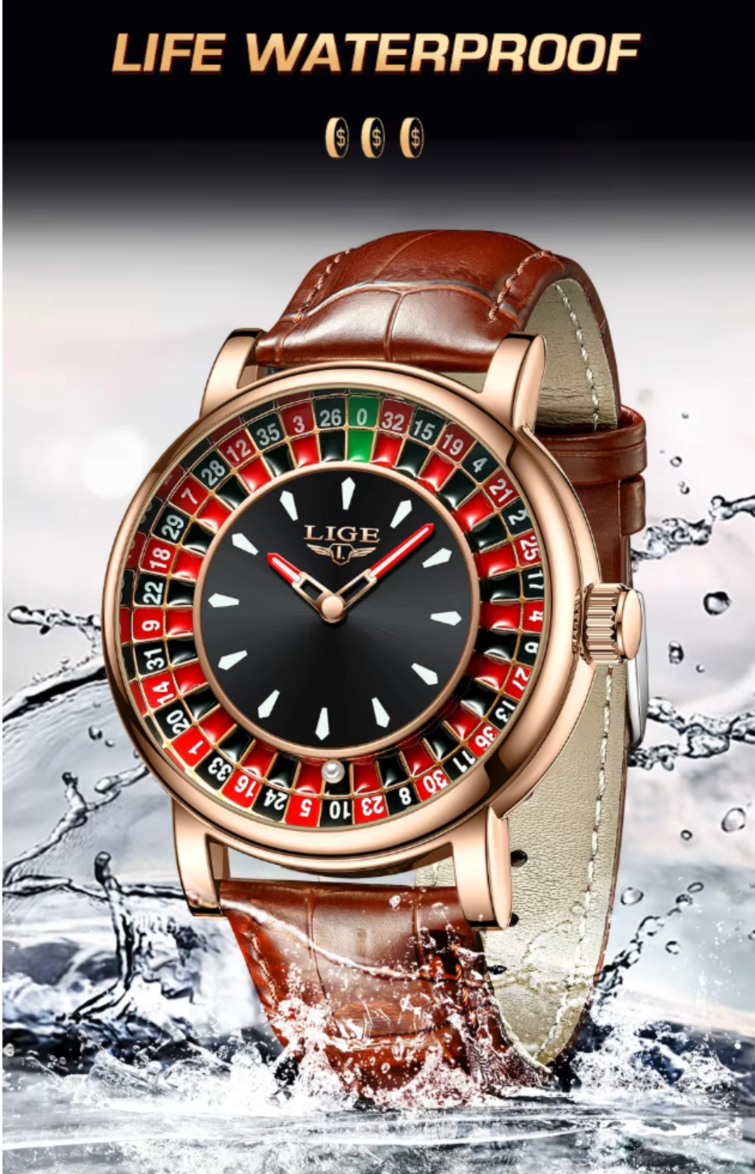 Voyager Roulette Edition | Men’s Brown Leather Waterproof Luminous Watch