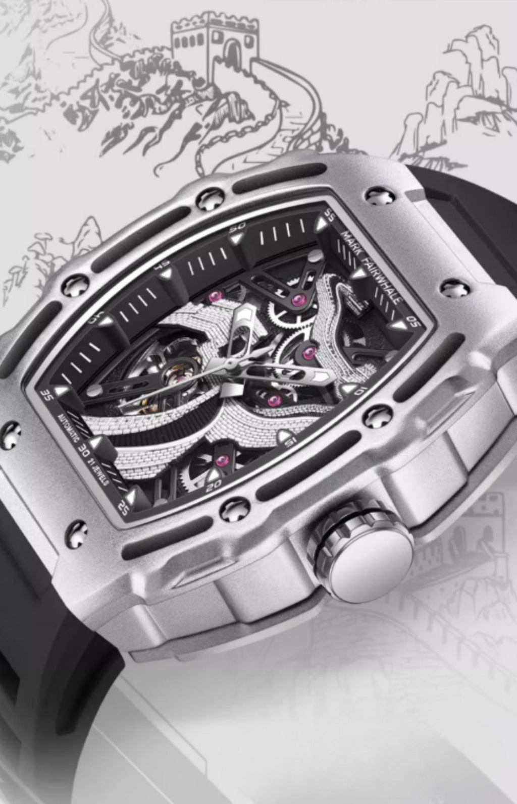 Mark Fairwhale Great Wall Edition – Men's Skeleton Automatic Watch with Architectural Detailing