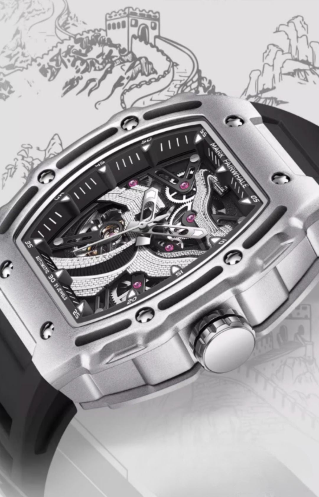 Mark Fairwhale Great Wall Edition – Men's Skeleton Automatic Watch with Architectural Detailing