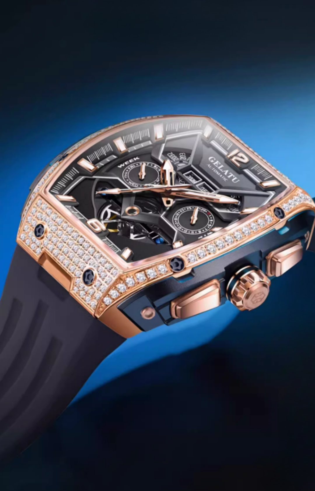 Gelatu 2025 Signature Series – Men's Large Dial Mechanical Watch with Luminous Accents & Diamond Detailing