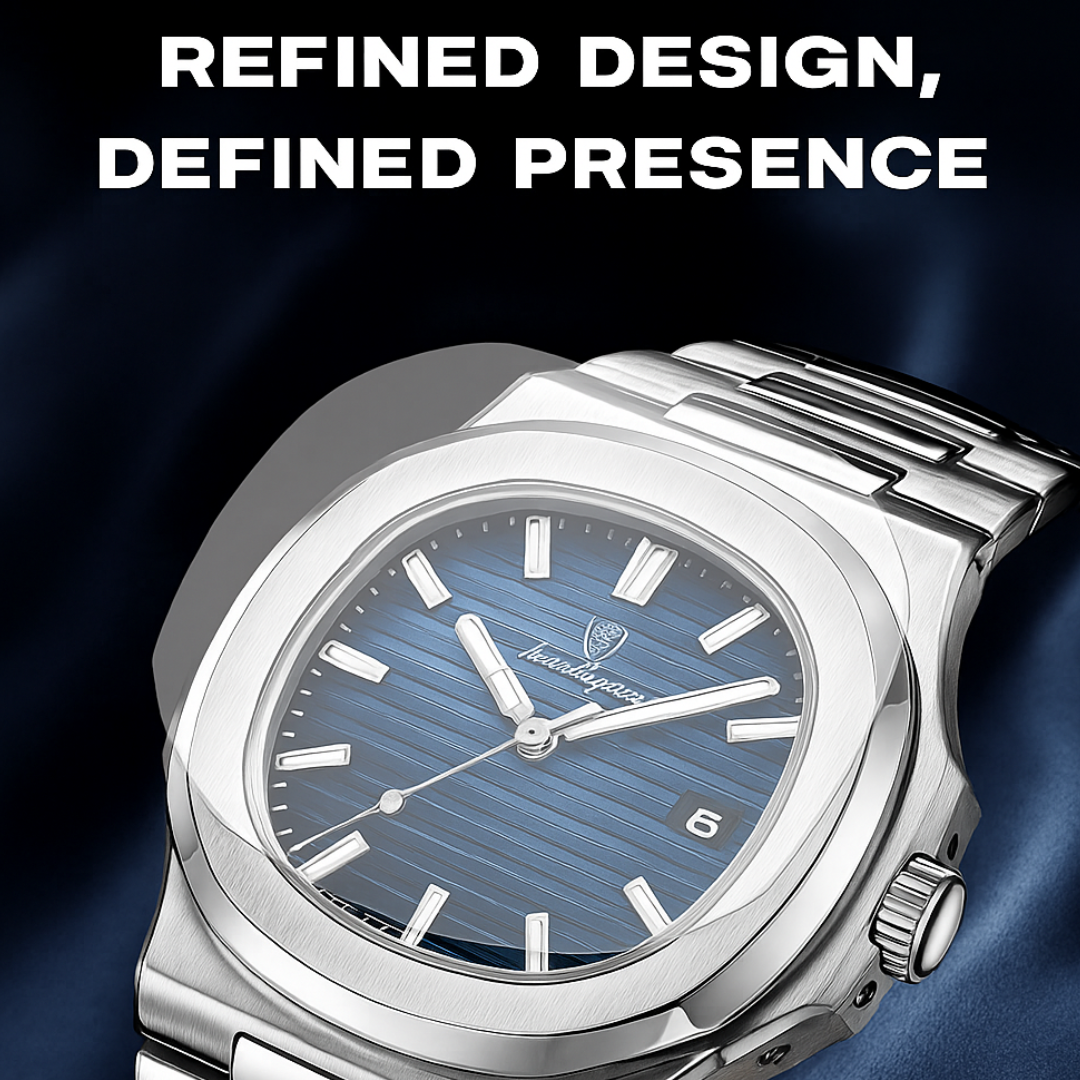 Horizon Classic – Men's Square Luxury Quartz Watch – Stainless Steel, Luminous Display, Date Feature, Waterproof Design