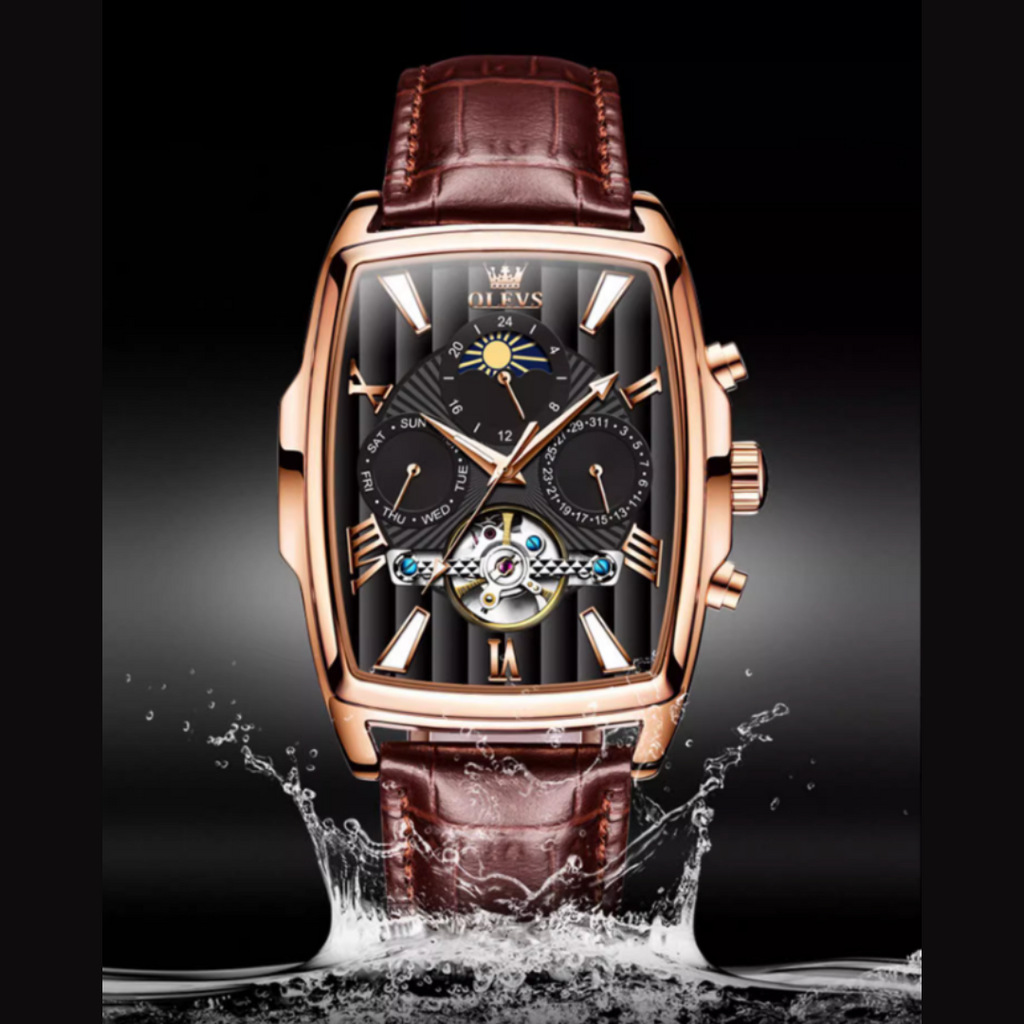 Olys Swiss-Certified Rectangular Skeleton Watch – Men's Automatic Timepiece, Genuine Brand