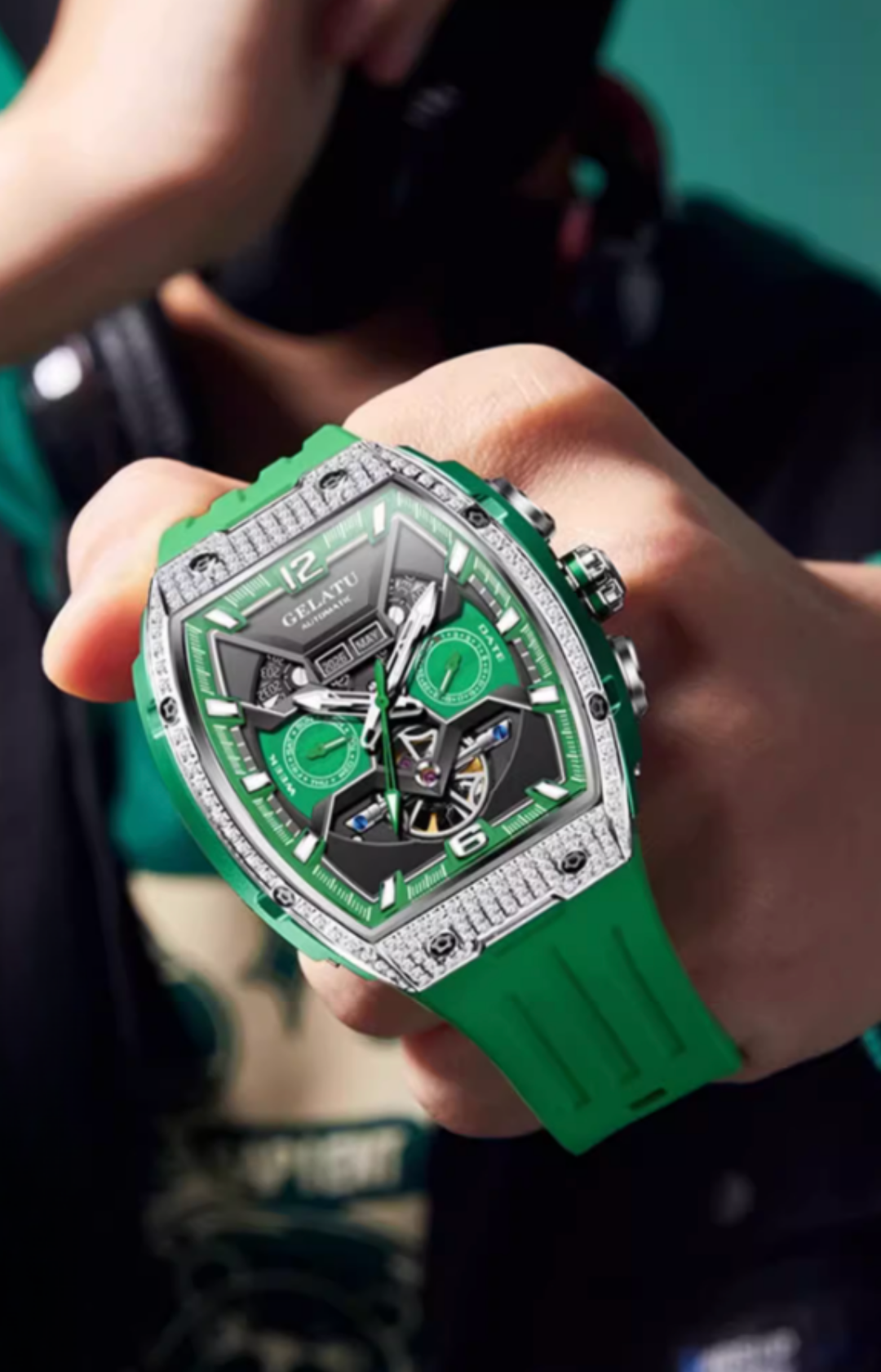 Gelatu 2025 Signature Series – Men's Large Dial Mechanical Watch with Luminous Accents & Diamond Detailing