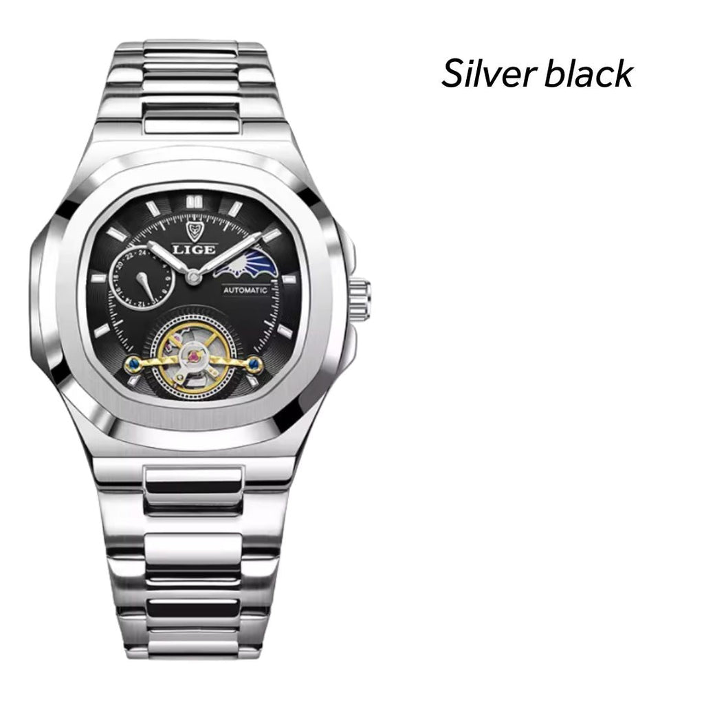Sovereign Precision - Men's Dual-Tourbillon Mechanical Watch with 24-Hour Display, Luminous Dial & Waterproof Stainless Steel Build