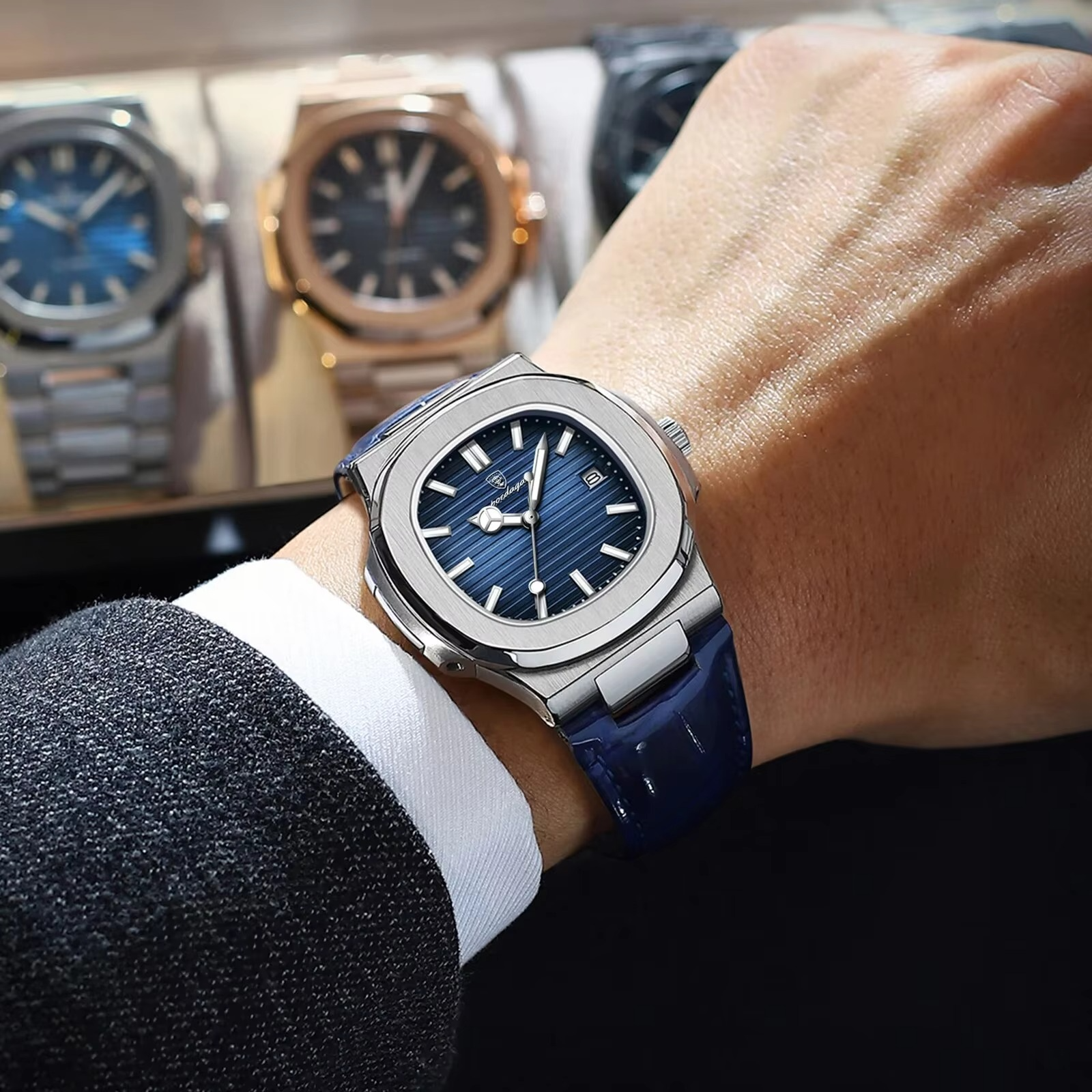 Poseidon's Mark - Top Luxury Square Waterproof Luminous Wristwatch Leather For Men