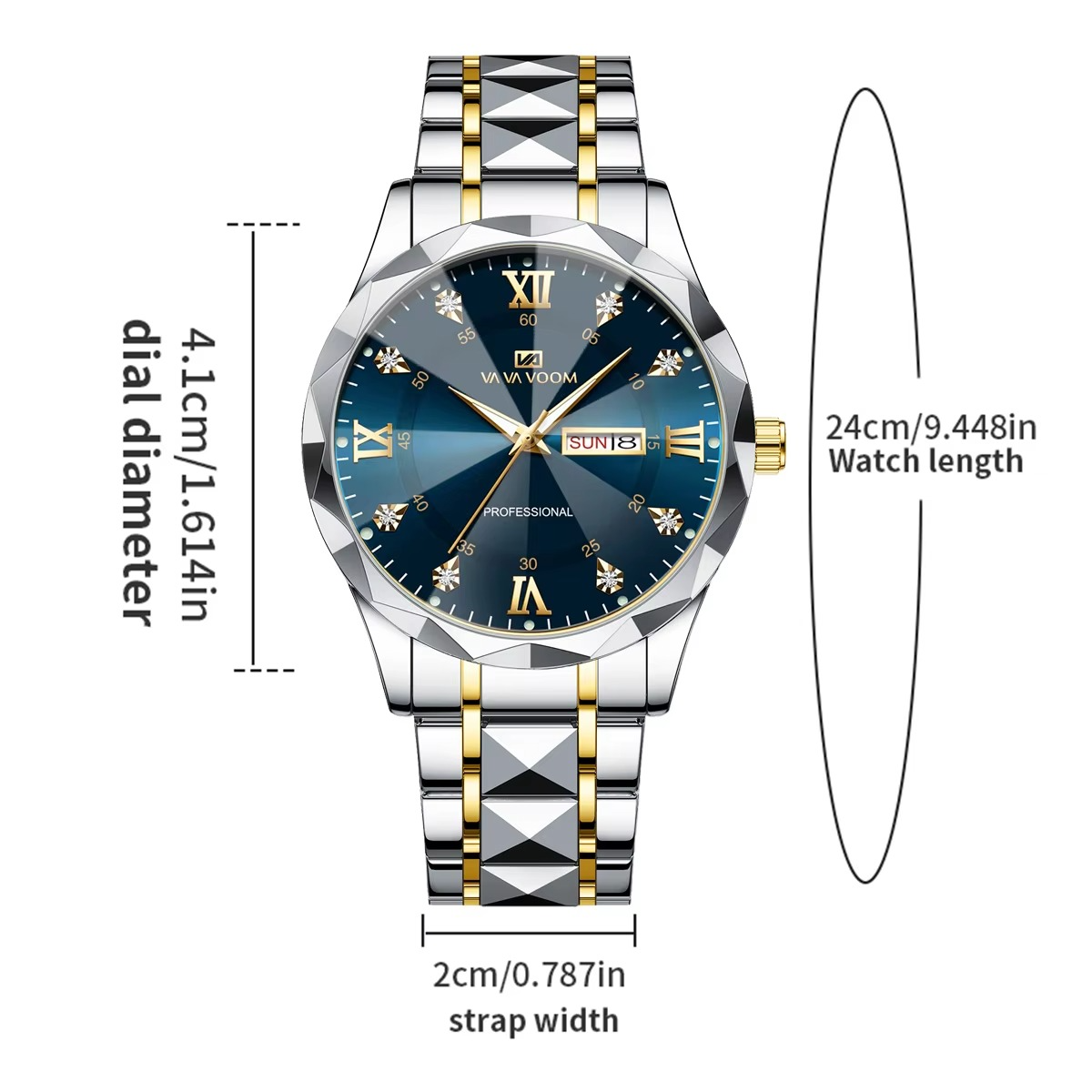 Diamond Luxury Night Glow Double Calendar Quartz Movement 41mm Watch
