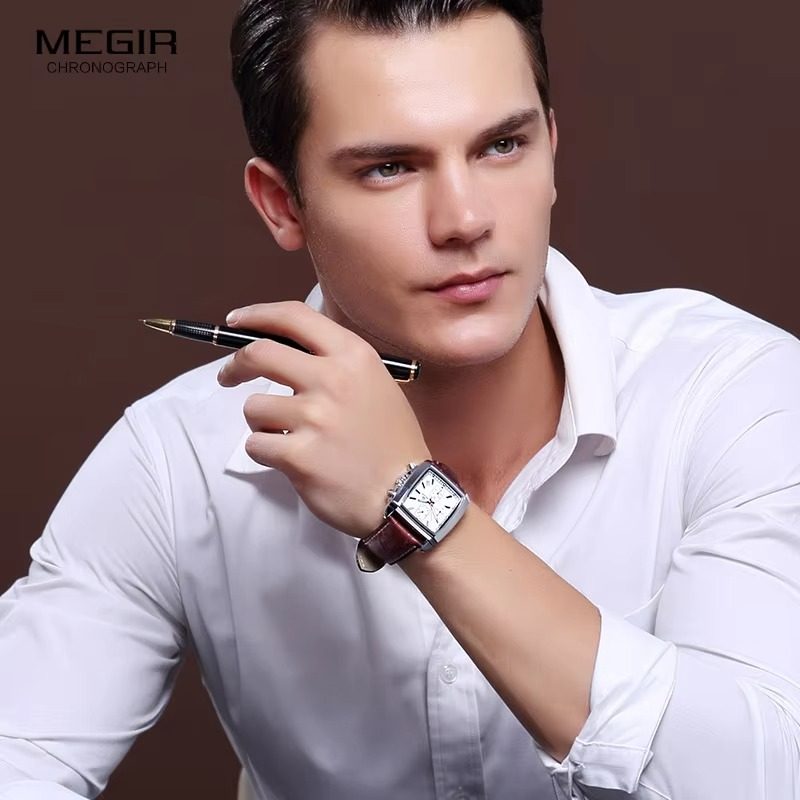 Megir Rectangle Dial Leather Strap Watch for Men