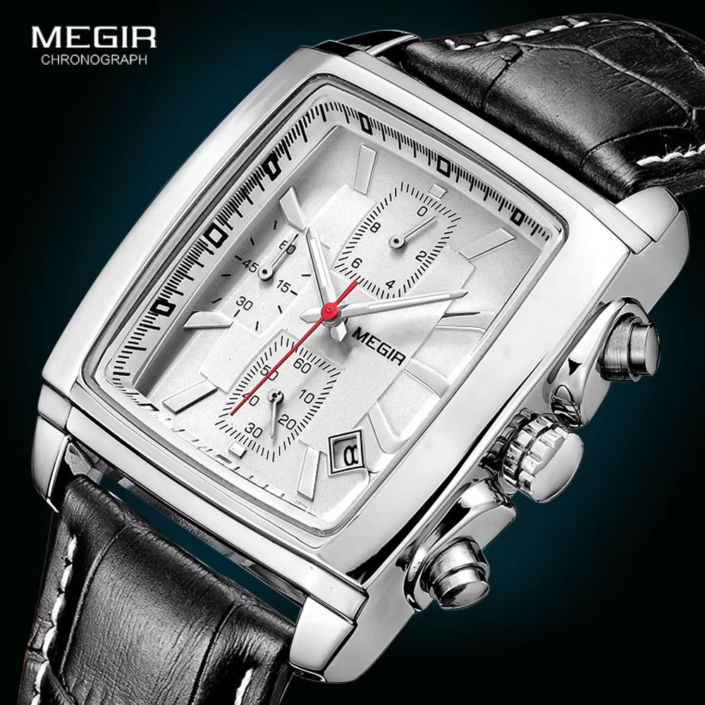 Megir Rectangle Dial Leather Strap Watch for Men