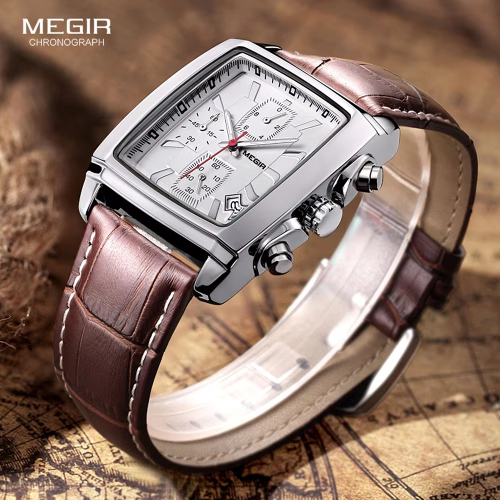 Megir Rectangle Dial Leather Strap Watch for Men