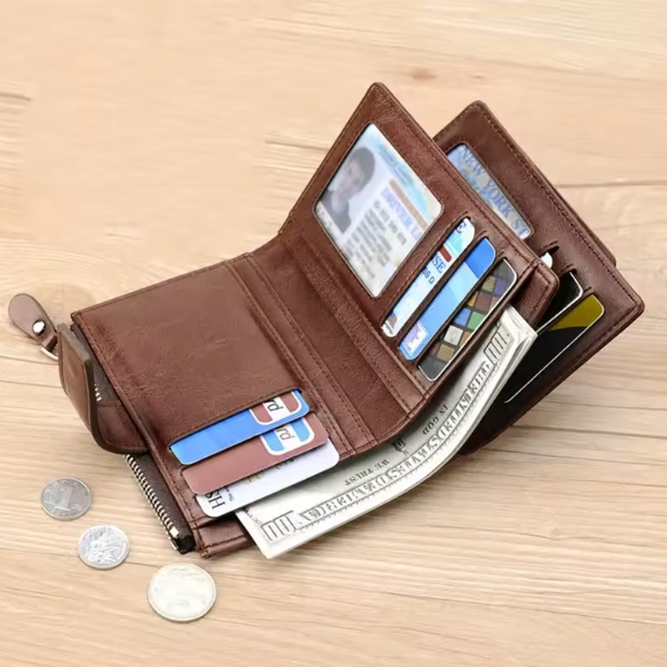 PrestigeGuard Elite Series - Men’s Luxury Short RFID-Blocking Leather Bifold Wallet with Zippered Coin Pocket & Multi-Card Slots