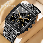 Black metal chronograph high-end modern watches for men with square face and gold accents