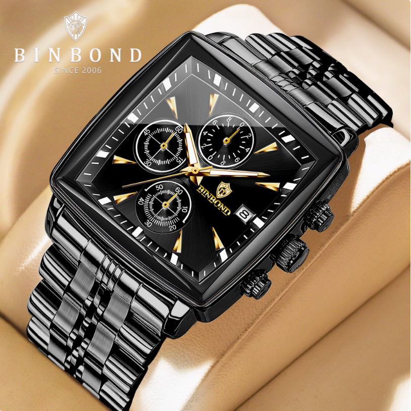 Black metal chronograph high-end modern watches for men with square face and gold accents